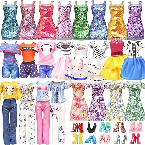 20 piezas de ropa de muñeca y accesorios para Barbie hechos a mano con 3 lentejuelas, 4 vestidos de moda, 3 tops y pantalones, trajes casuales, 10