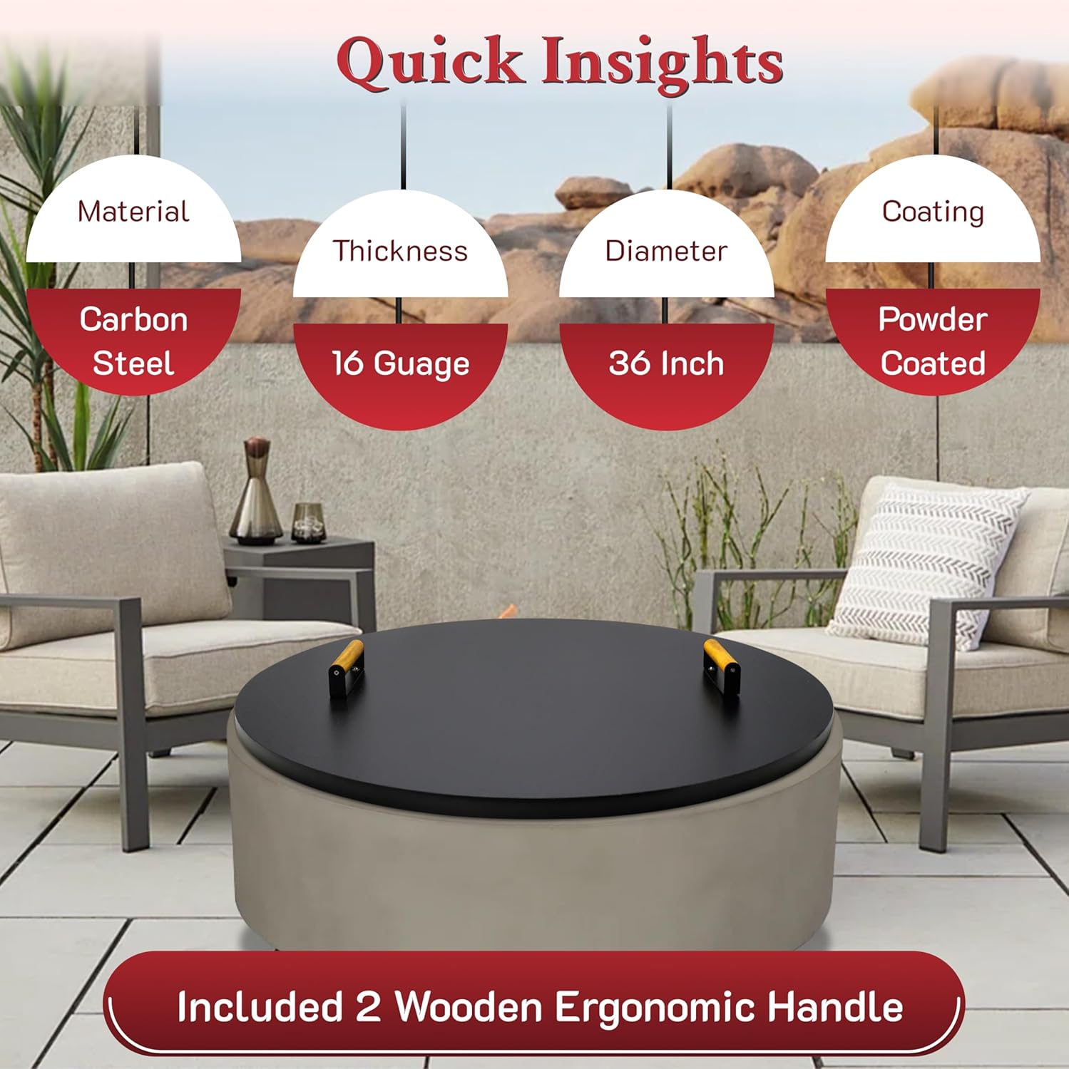 Febtech - Firepit Lid 36" - Rust Resistant Powder Coated 2MM Thick Carbon Steel Fire Pit Cover Round with 2 Ergonomic Wooden Handles - Compatible for Fire Pit Inside Dia Up to 34"