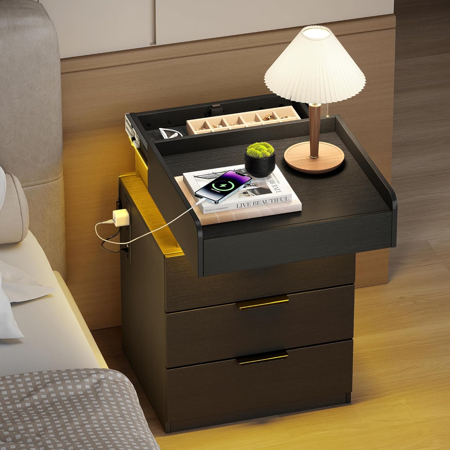 Black Nightstand with Charging Station & Lockable Hidden Drawer, App-Controlled LED Lights and Sliding Top, Bedroom End Table with Gun Storage(Left Charging)