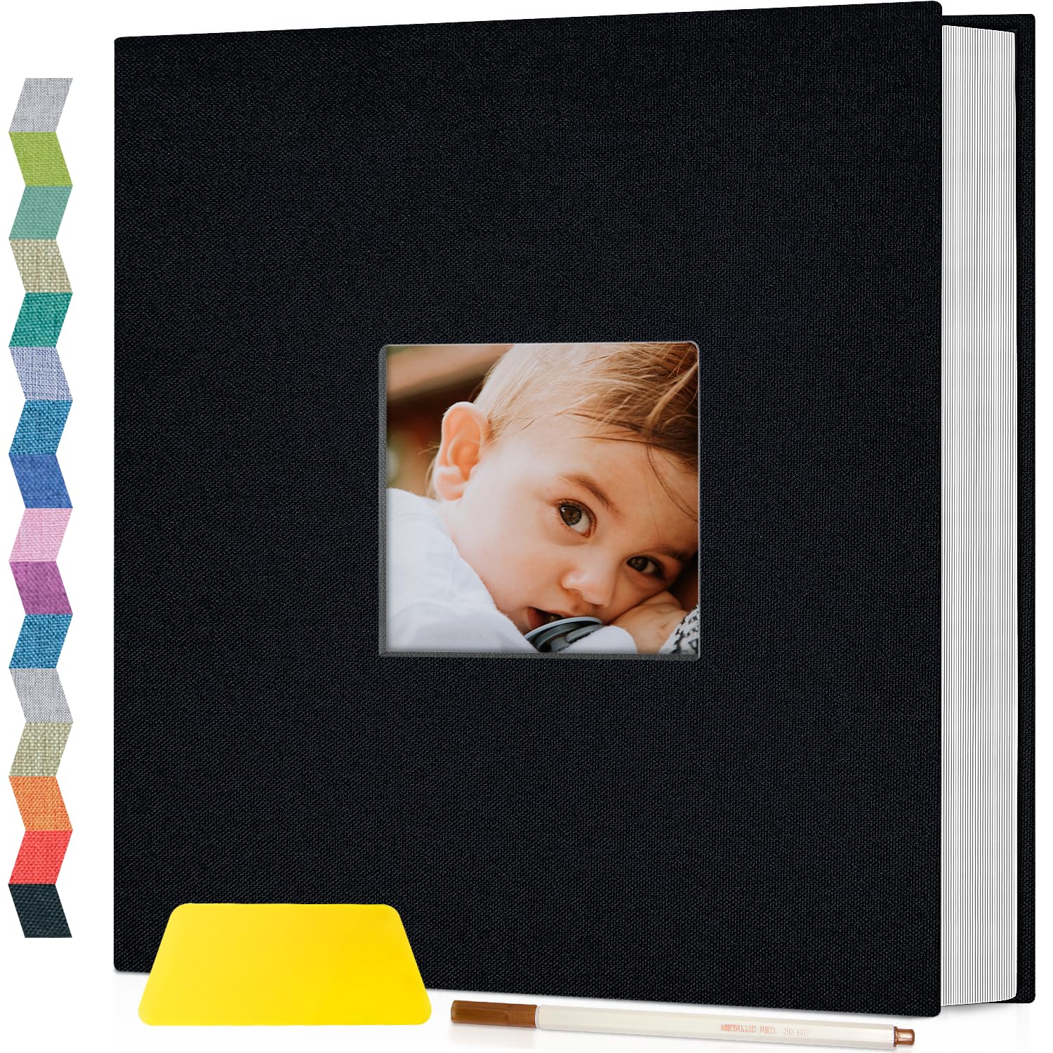 Popotop Photo Album Self Adhesive with Picture Display Window,60 Pages DIY Scrapbooking Supplies Kit for 4x6 10x12 Picture,Linen Cover Memory Book for