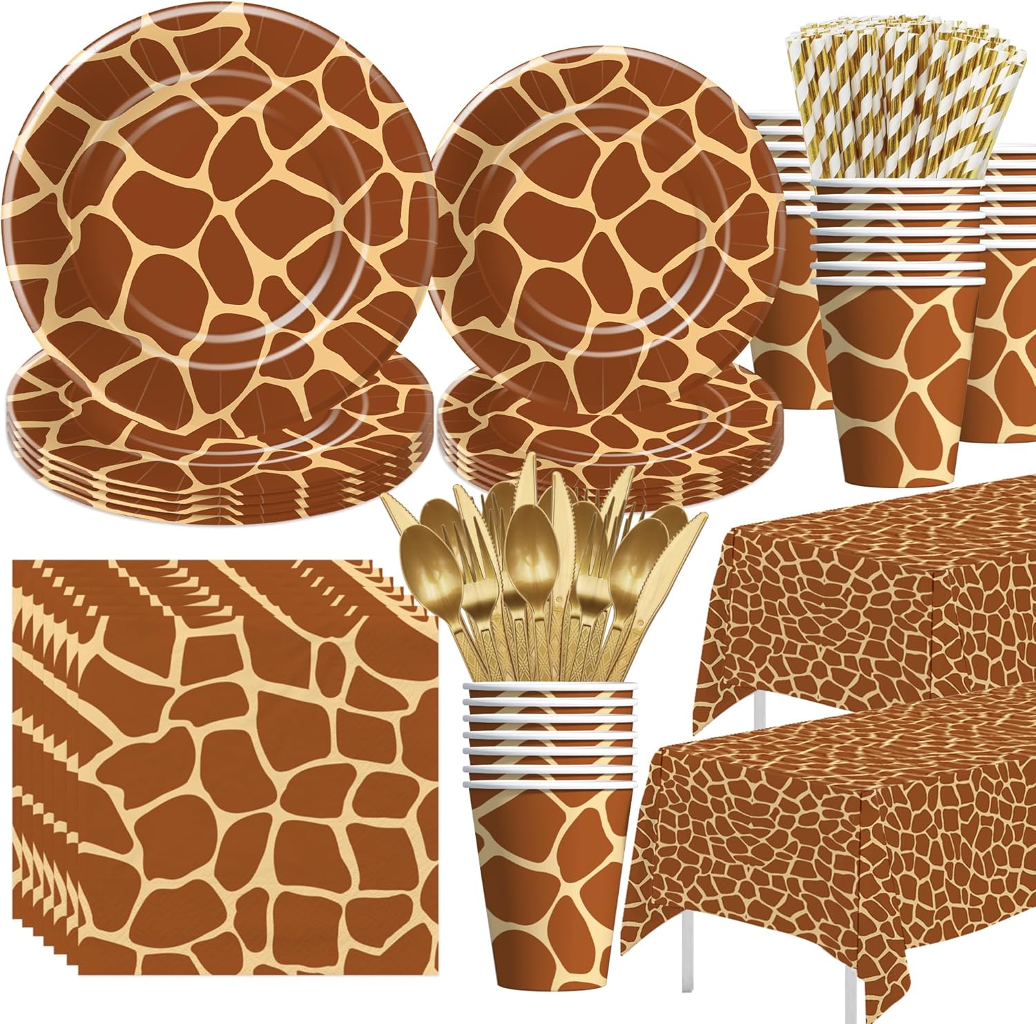 Giraffe Print Birthday Party Supplies - Jungle Giraffe Animal Texture Print Party Decorations Tableware, Plate, Cup, Napkin, Cutlery, Tablecloth | Serves 24