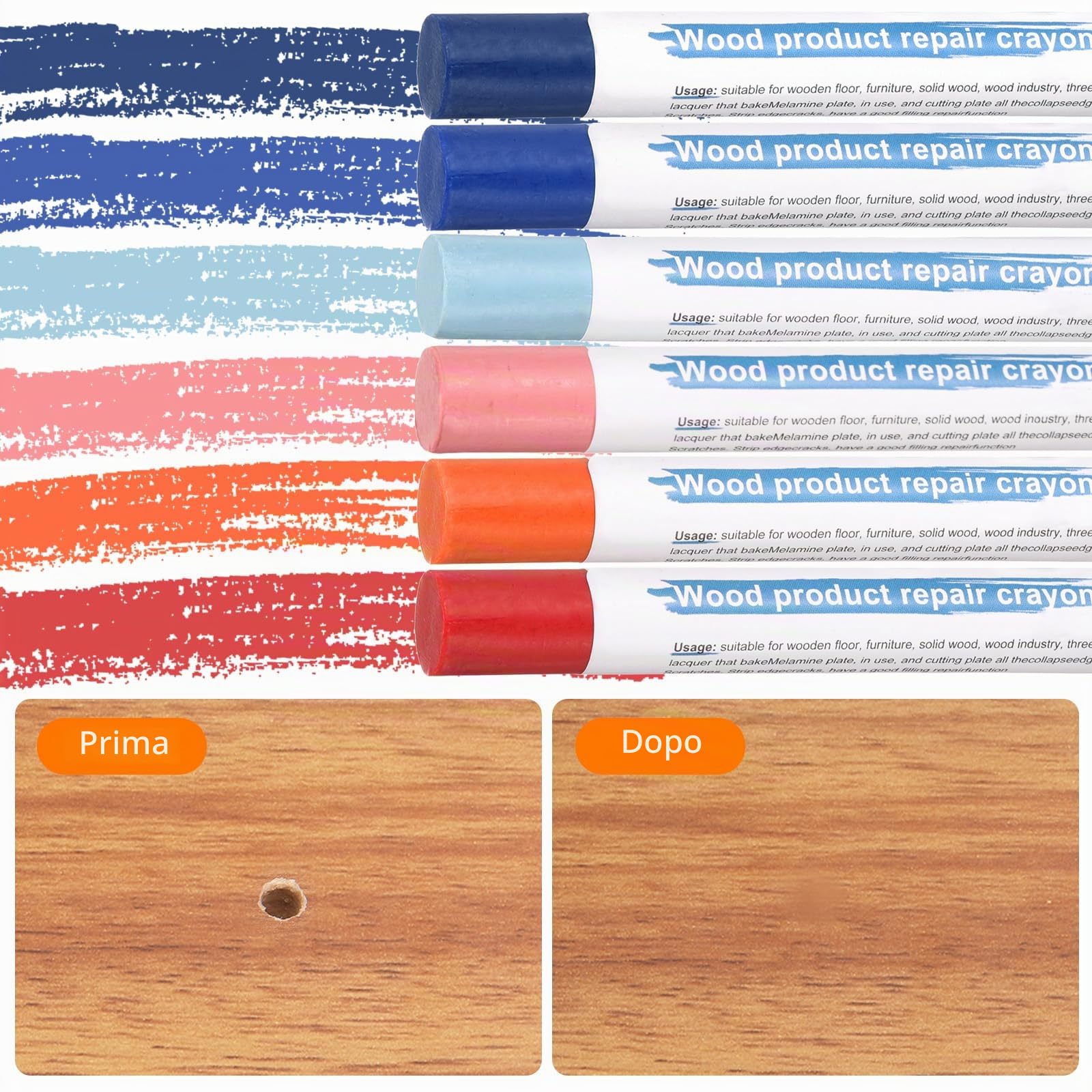 QUARKZMAN Bastoncini Riempitivi per Legno 6 Colori Cera per Legno per Riparazione Mobili Crayon per Jewel Blue, Navy Blue, Blue, Orange, Dark Red, Pink