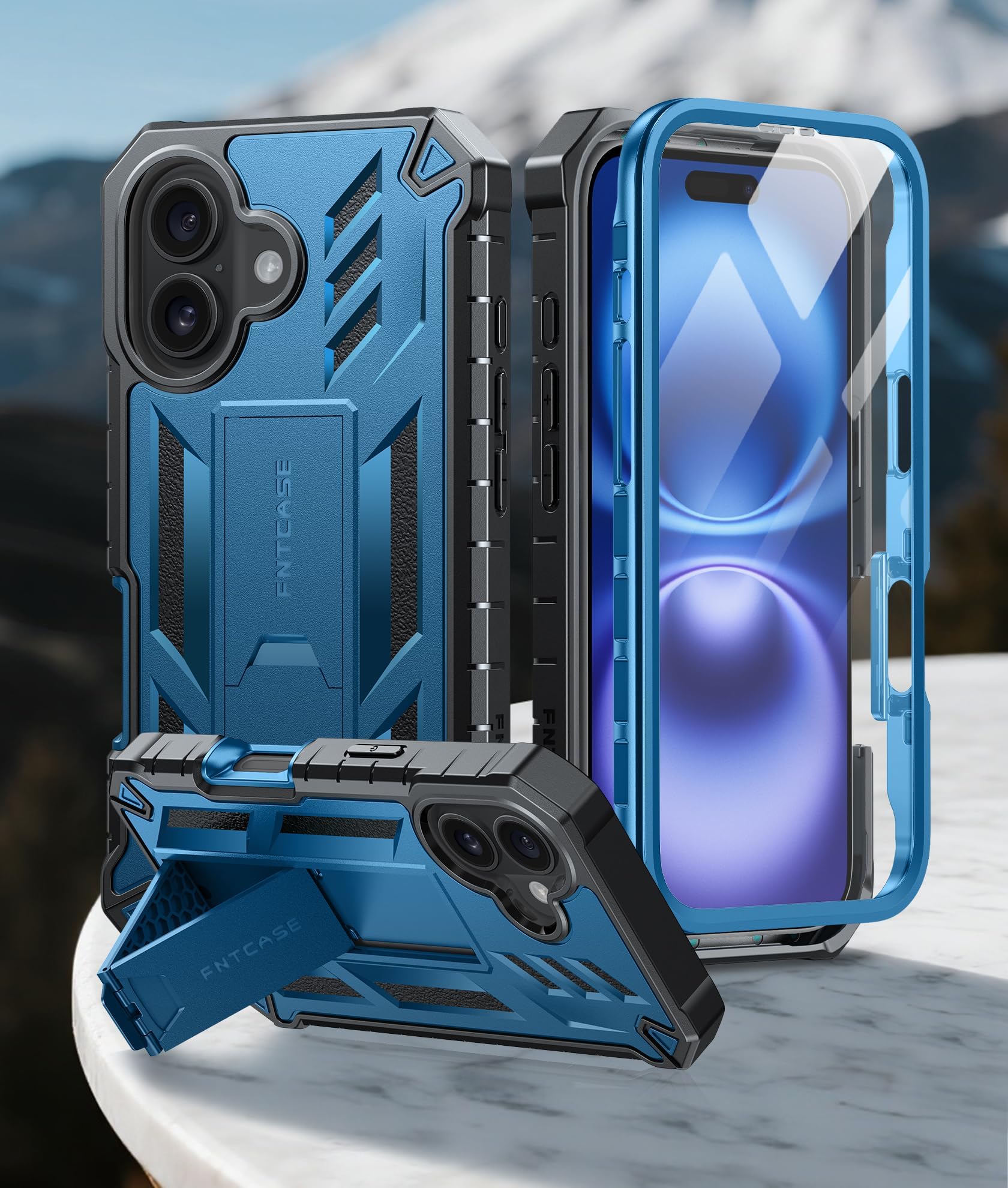 for iPhone 16 Case Built-in Screen Protector Mobile Cover with Kickstand | Full Body Dual Layer Rugged Shockproof Protective | Hybrid Anti-Scratch & Non-Slip Phone Case - Blue