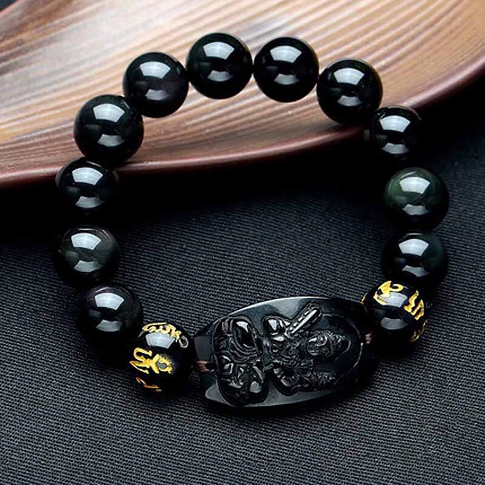 WZGWDC Bracciale Feng Shui, Bracciale Bracciale con ciondoli Naturale Portafortuna Otto Santi Patroni Ciondolo per Mantra a Sei Caratteri Ossidiana Tathagata Buddha Amuleto Attrarre Denaro PRO
