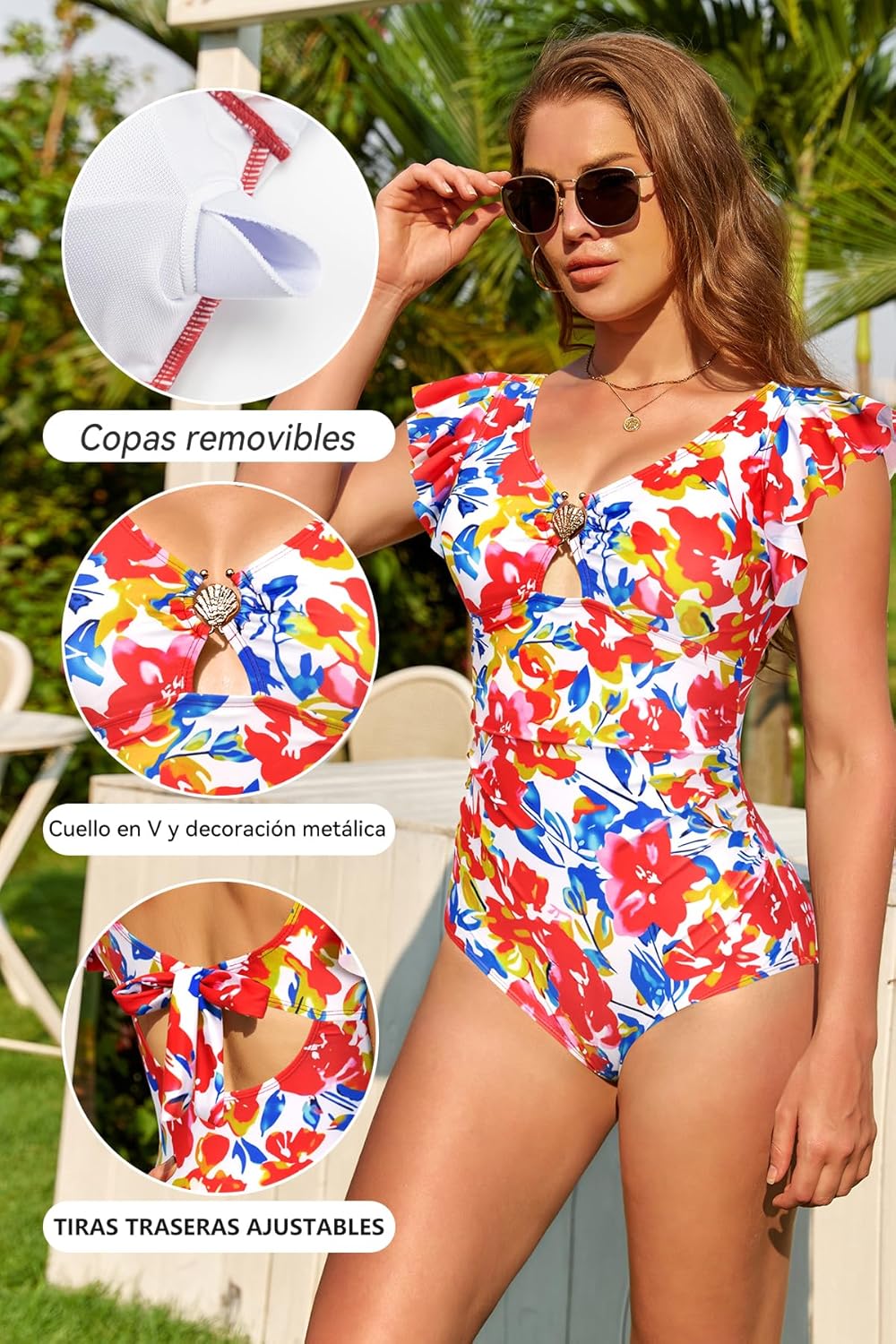 SHEKINI Tummy Control One Piece Bathing Suit Ruffled Sleeves Women One Piece Swimsuit Low Neck 1 Piece Swimsuit