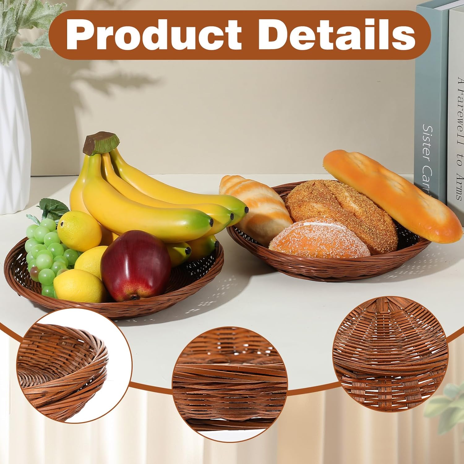 4 Count 9.8 Inch Hand Weave Round Bamboo Paper Plate Holder, Premium Rattan Paper Plate Holder for Dinner Plates, Picnic, Wall Decorate and Rustic Party Decorate, Brown