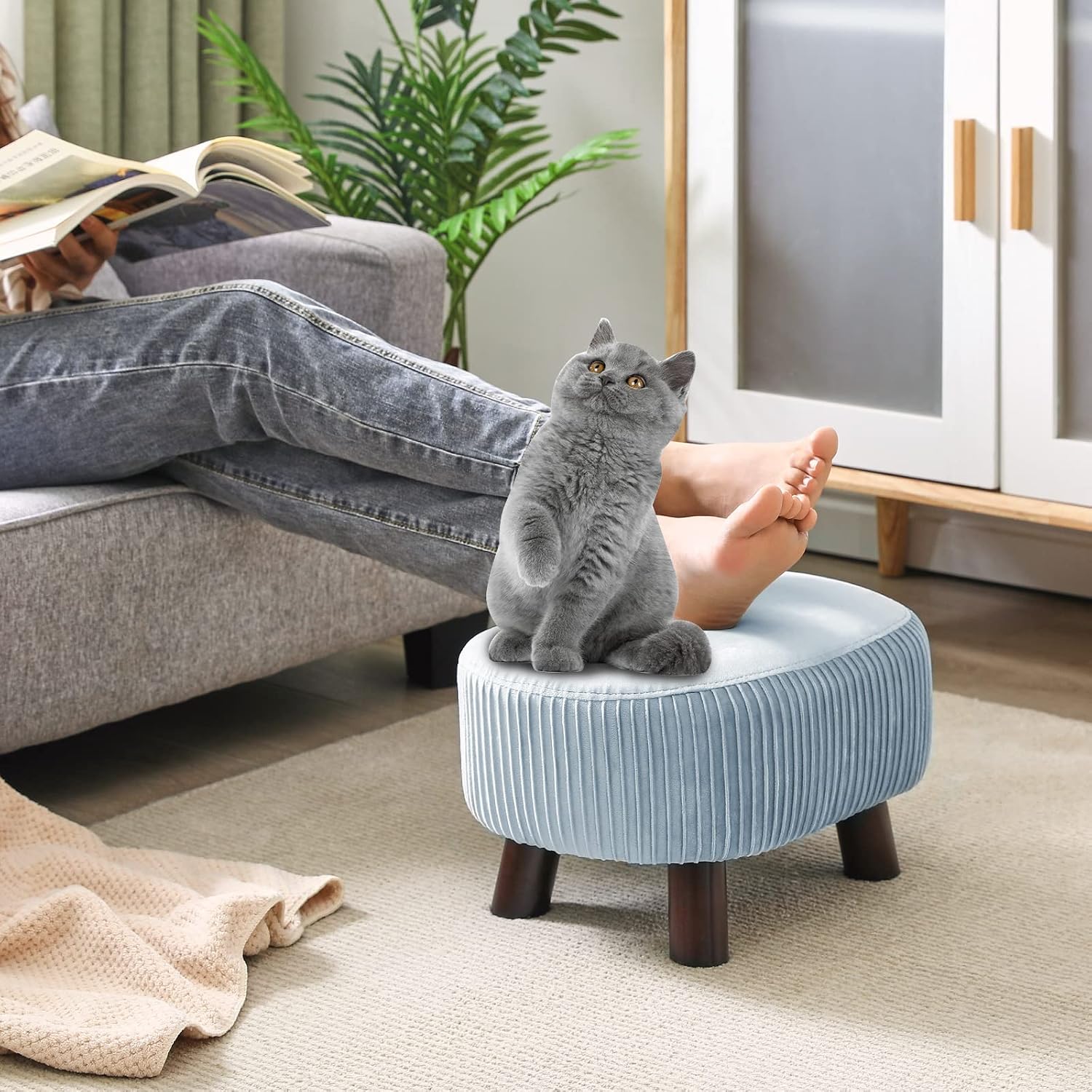 YMYNY Small Footstool with Handle, Velvet Ottoman with Padded Seat, 15.7" Footrest with Wooden Legs, Curved Step Stool for Sofa, Bedroom, Living Room, Modern Change Shoes Stool, Grayish Blue, HBD021G