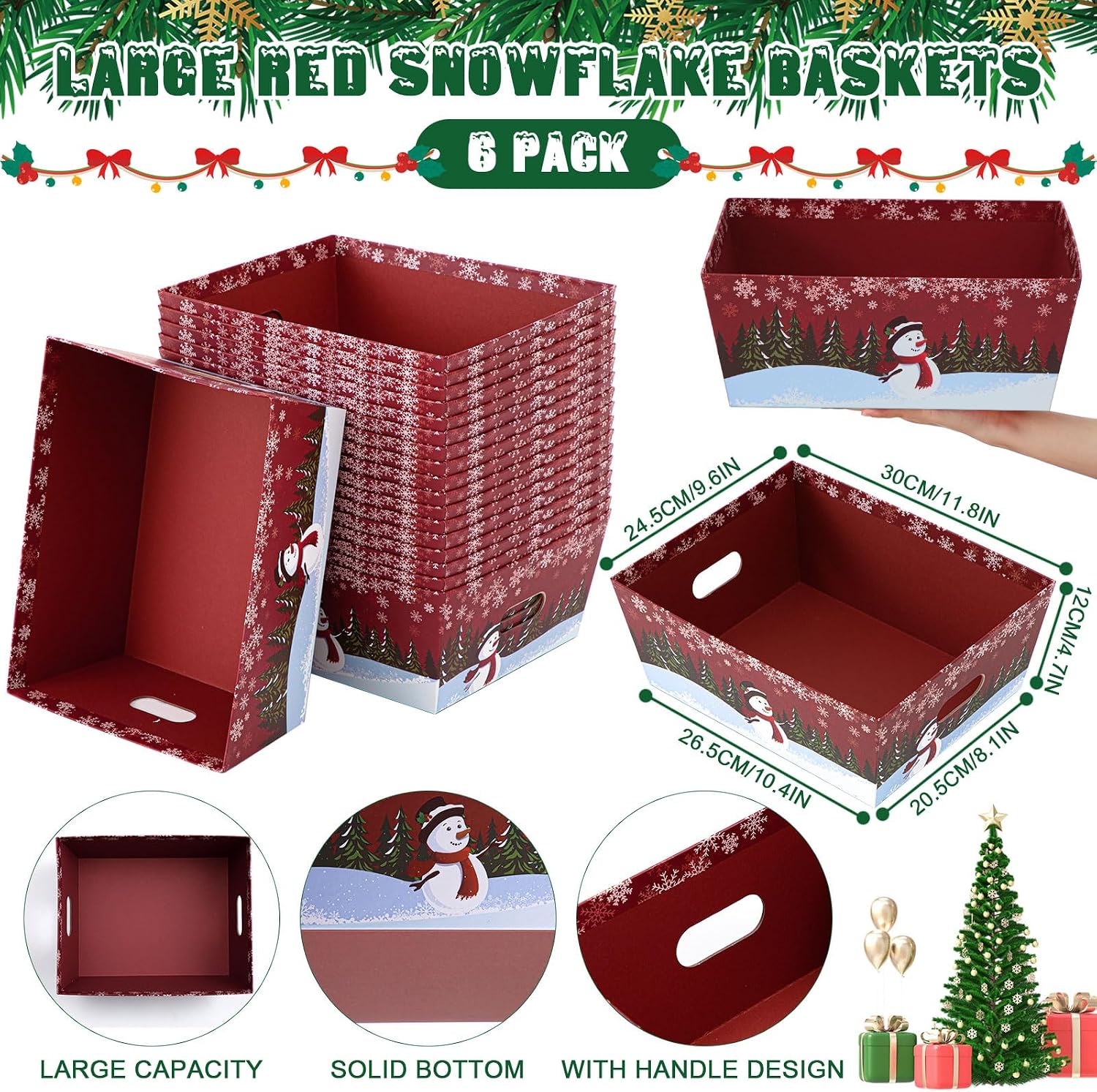 Cholemy 6 Sets, 12 x 10 Large Red Christmas Baskets, Empty Gift Baskets, DIY Cardboard Basket with Handles, Ideal for Christmas & Holiday Parties(Snowman)