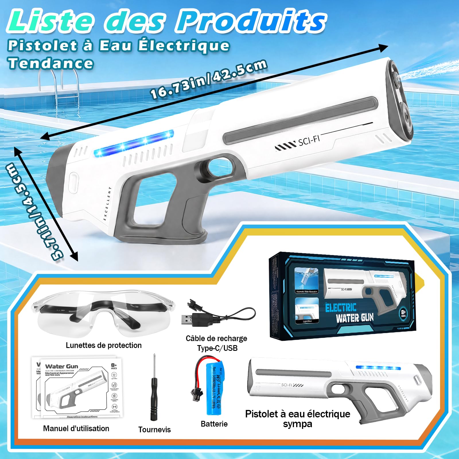 Pistolet a Eau Electrique, Pistolet à Eau Automatique avec Lumières LED, Lunettes de Protection et Fonction de Remplissage Automatique, Pistolets Rechargeable pour Plage en Été (Blanc)