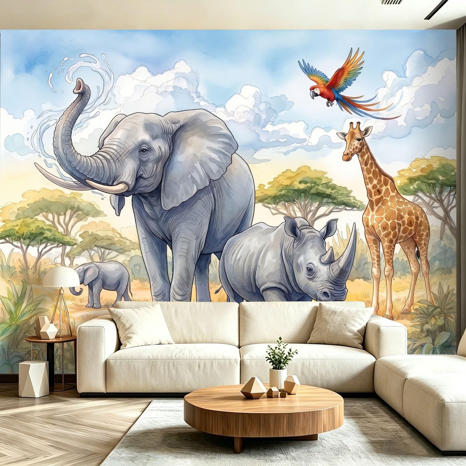 Papier peint savane animaux pour transformer un mur blanc uni