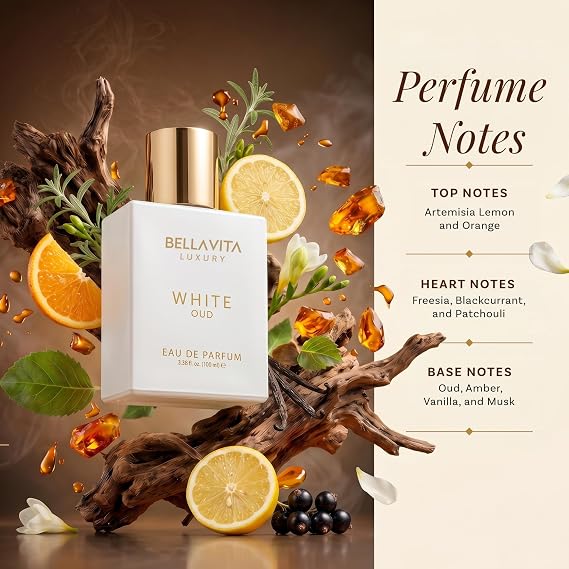 Bellavita Luxury White Oud Eau de Parfum | 100 ml (3.4 fl.oz.) | Perfume for Men and Women | Fruity, Artemisia Lemon, Freesia, and Tobacco Notes | Long Lasting Unisex Fragrance