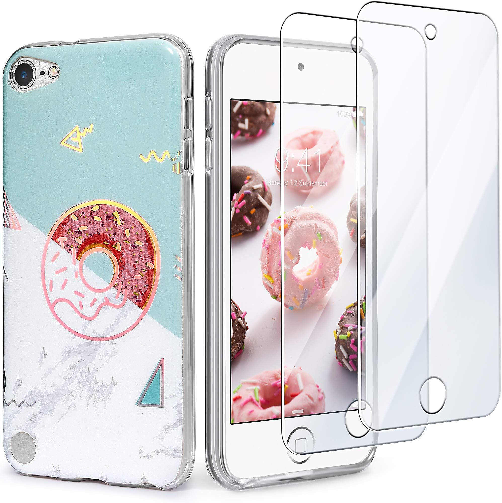 iPod Touch 7 Touch 6 Touch 5 Case with 2 Screen Protectors,Slim FIT Anti-Scratch Flexible Soft TPU Bumper Hybrid Shockproof Protective Case for iPod Touch 5/6/7th Gen,Donut