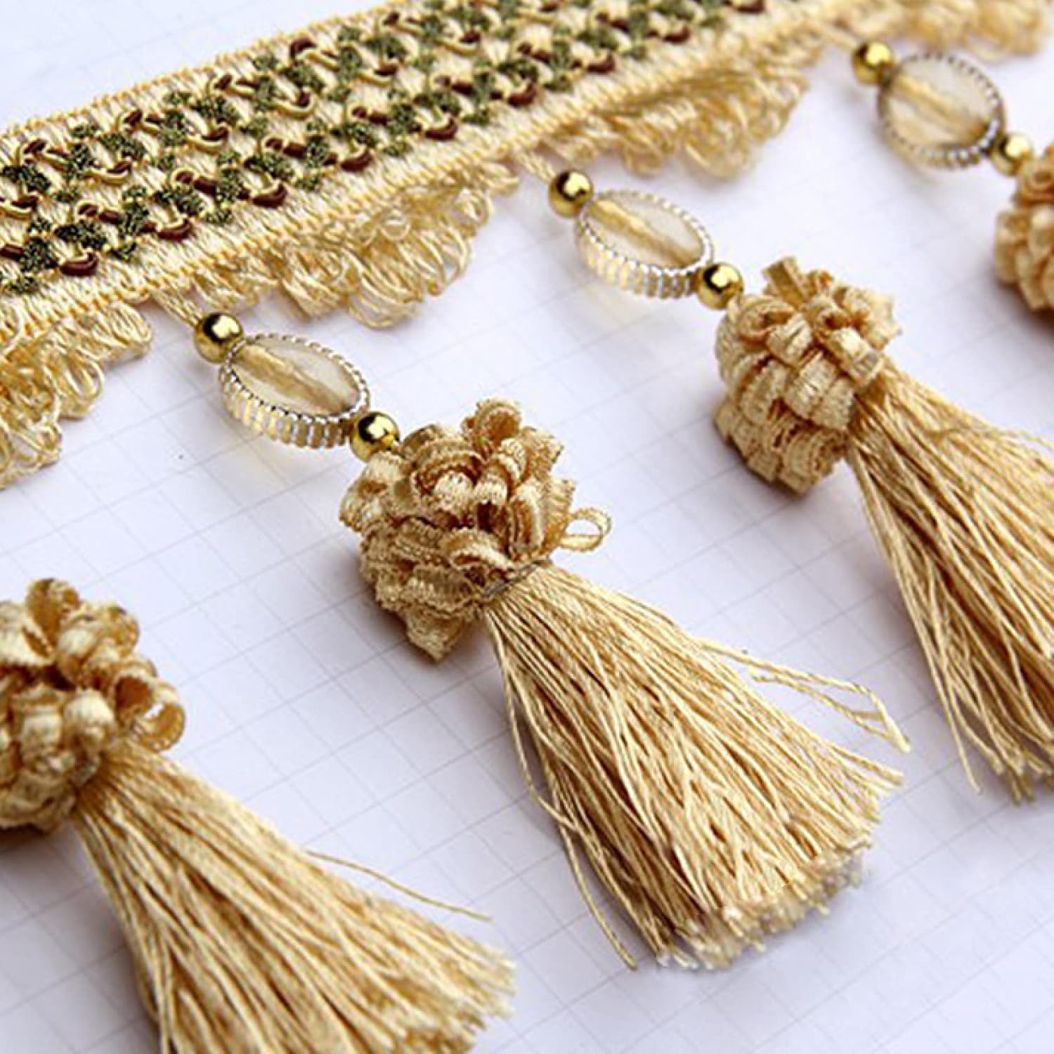 Curtain Tassels，Tassels for Sewing， 3 Yards Tassel Beaded Fringe for Curtain Table Decoration DIY Crafts Sewing Trim Home Room Decor Upholstery Accessory(Beige)