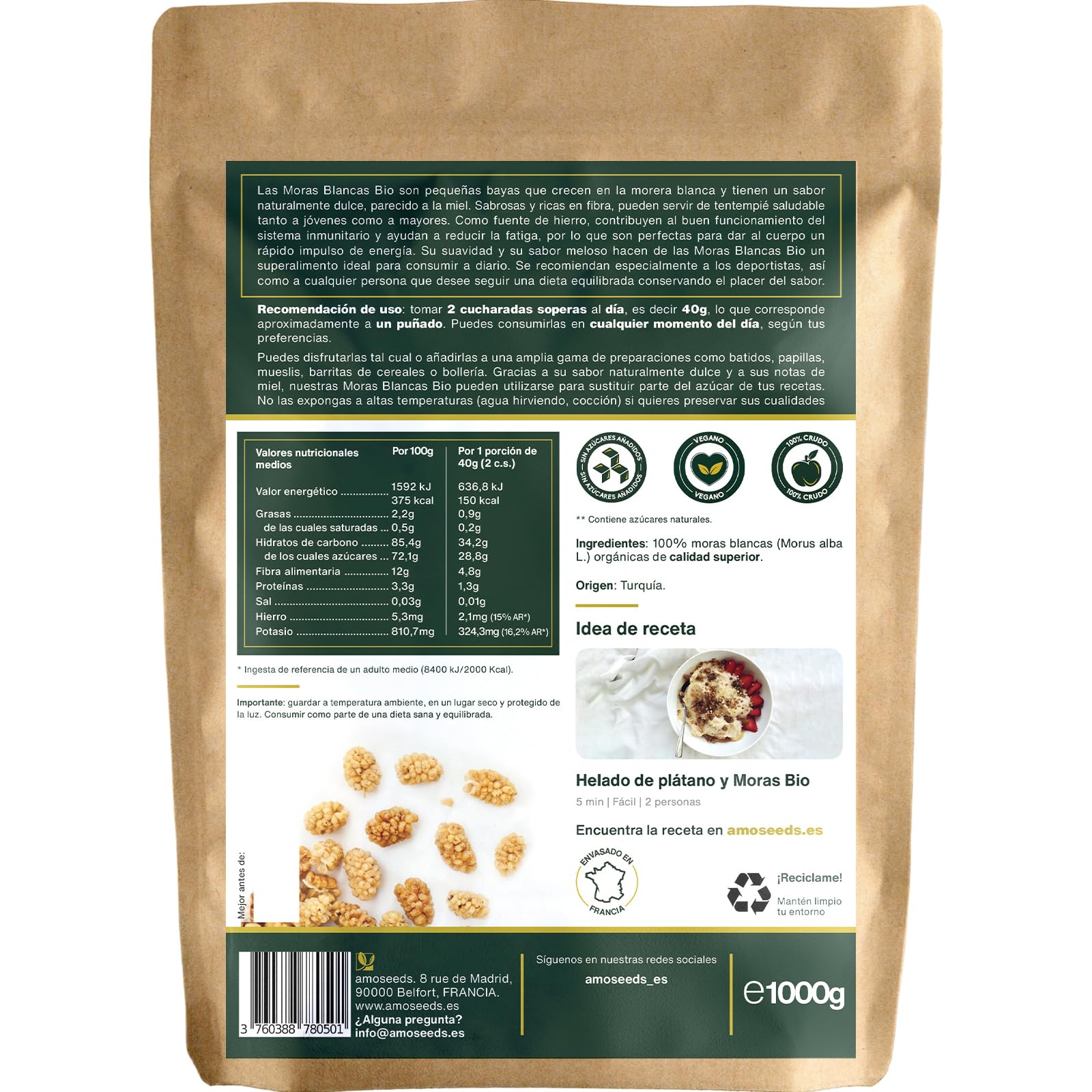 Moras Blancas BIO 1KG | Sin Azúcares Añadidos, ni Conservantes | Secadas al sol, 100% naturales | Primera Calidad