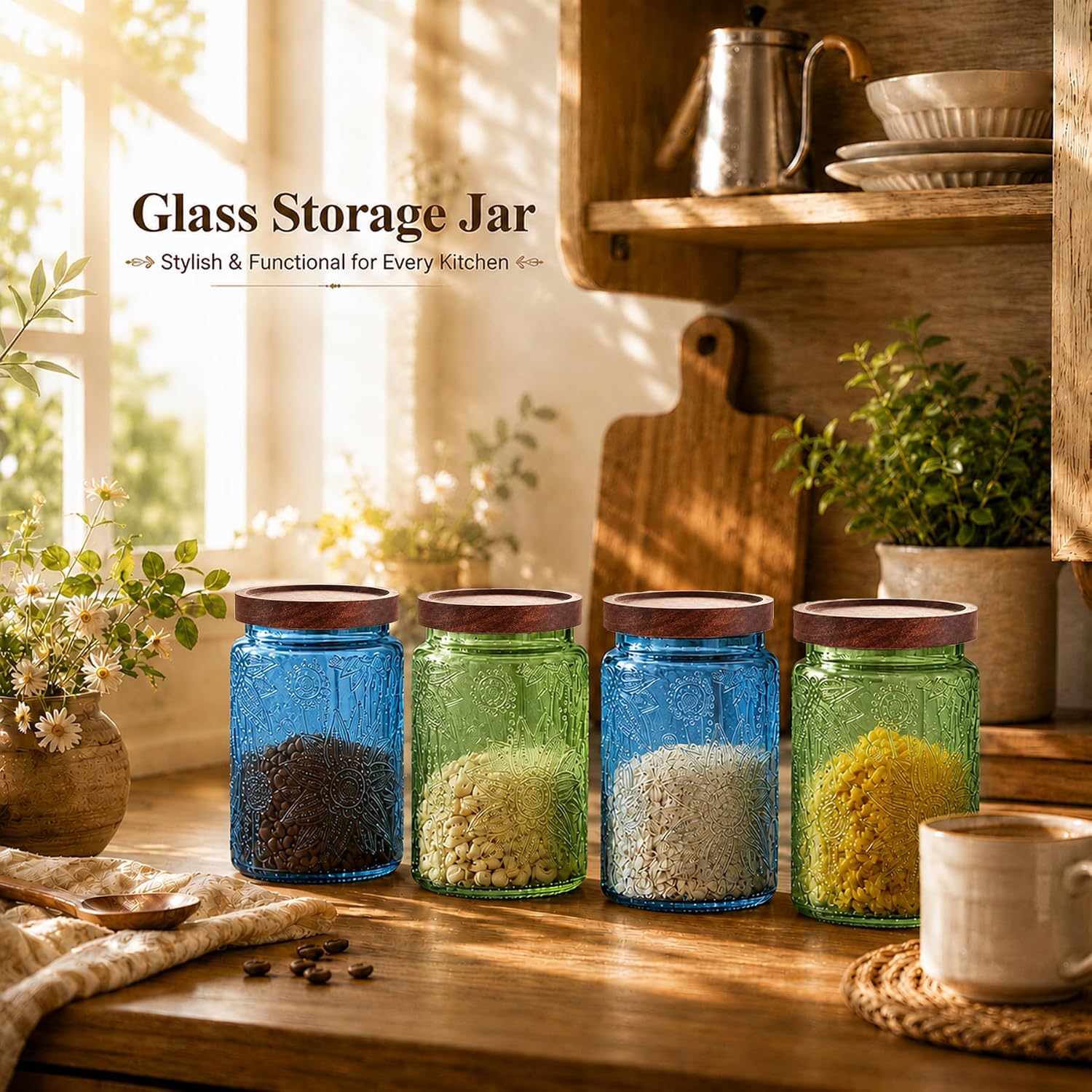 Custde Glass Storage Jars With Airtight Lid, 23.7oz Canister For Kitchen Counter with Wooden Lid, brown sugar, candy, coffee, cookie, salt, tea,pantry cute Jar (Green, 23.7 floz)