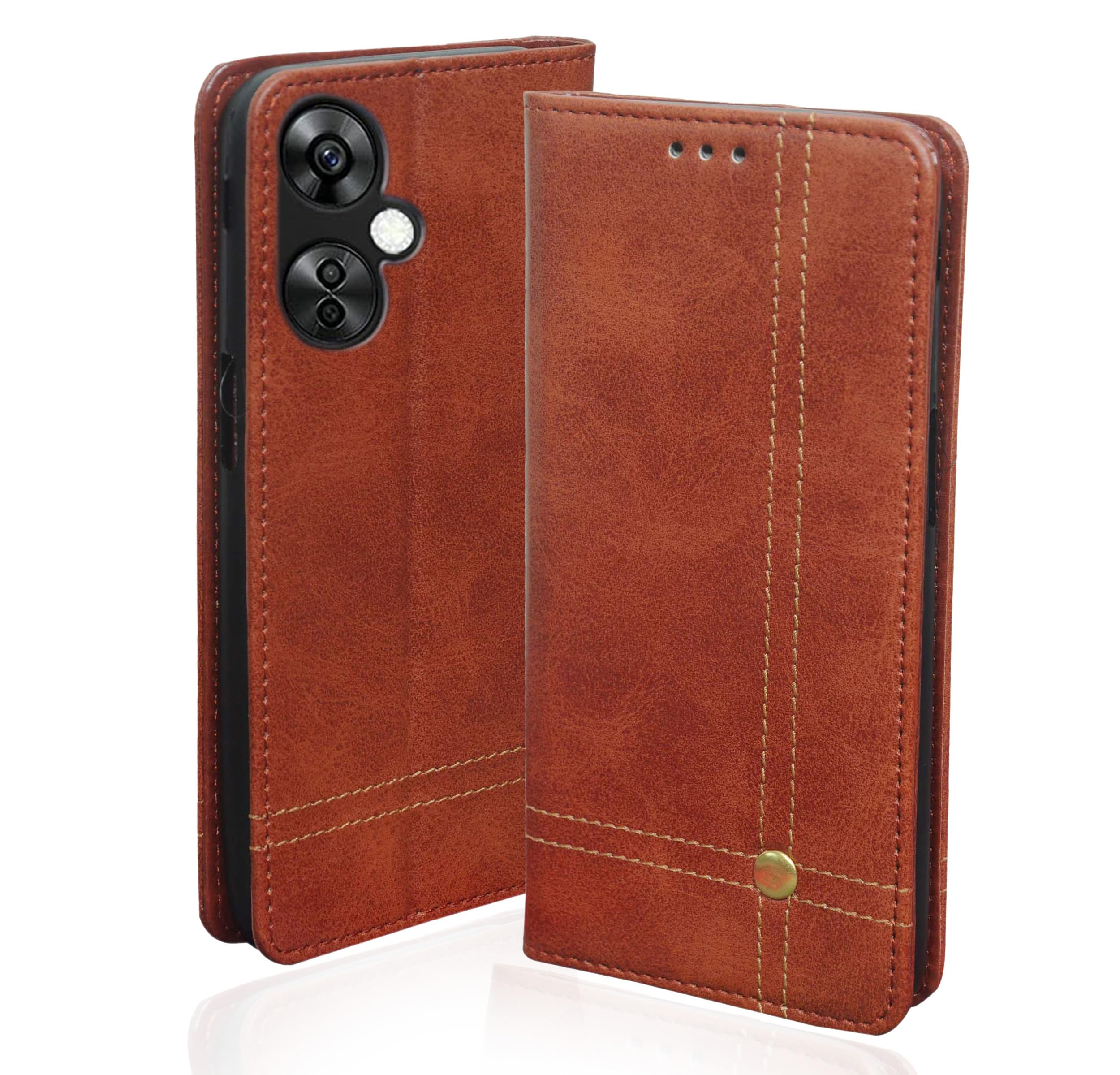 SESS XUSIVE Leather Case Wallet Slim Book Cover with Card Slots Cash Pocket Stand Holder Magnetic Flip Cover for Oneplus Nord CE 3 Lite 5G - Magnetic Brown