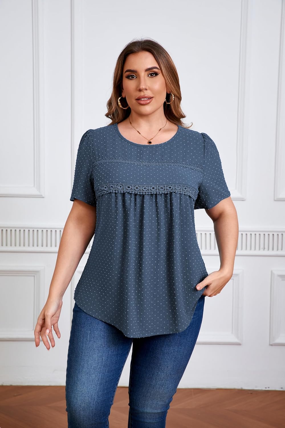 Plus Size Women's Summer Pleated Tops Crewneck Short Sleeve Lace Crochet Loose Casual Summer Blouses Shirts - Image 2