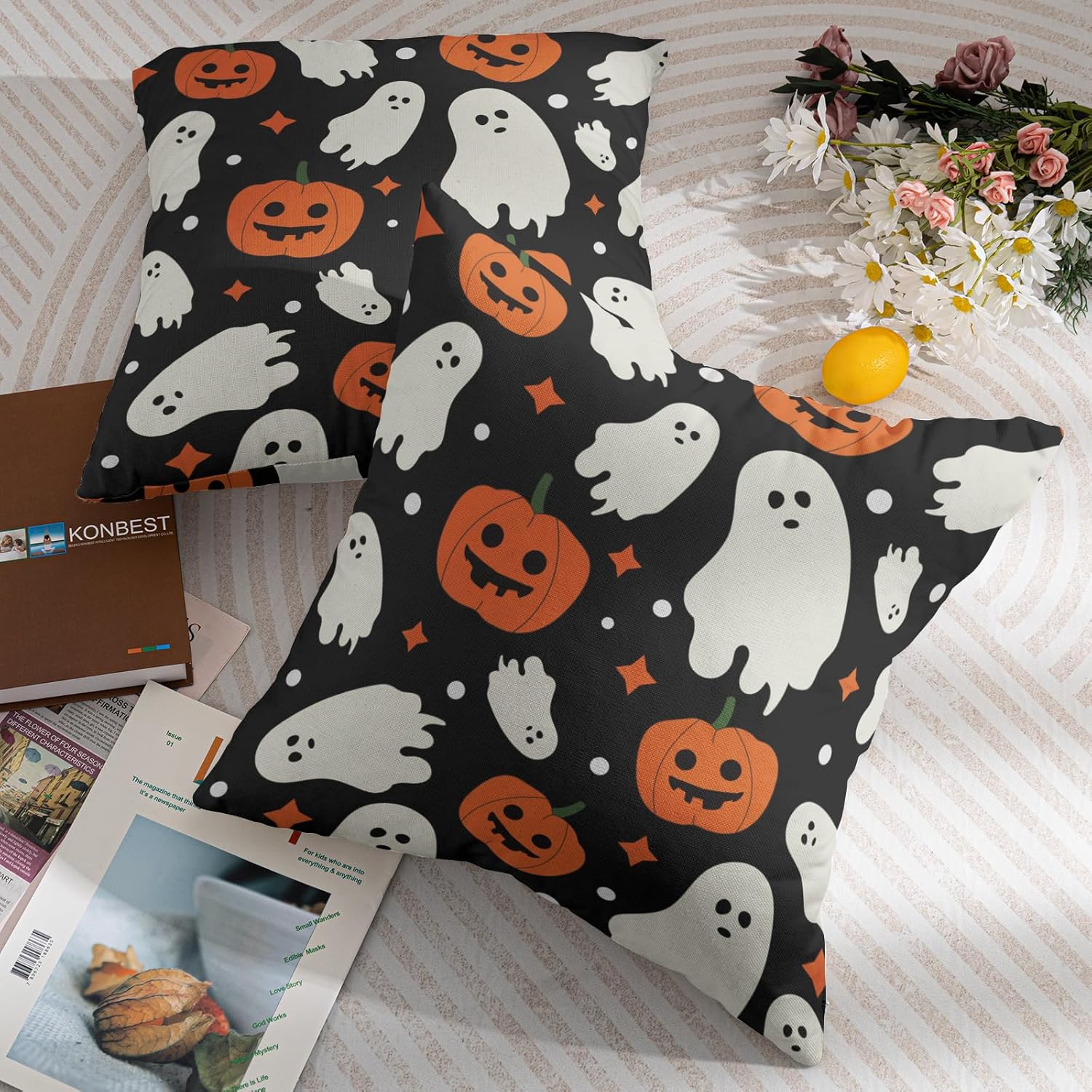 Robvobe Halloween Pillow Covers 24x24 Set of 2 Cute Ghost Pumpkin Print Outdoor Decorative Throw Pillows Halloween Scary Themed Farmhouse Pillowcases Linen Cushion Case Decor for Home Sofa Couch Bed