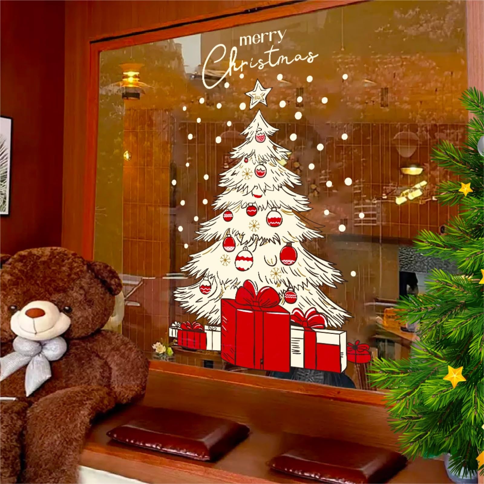 Décoration noel Autocollants de fenêtre de Noël aquarelle grand arbre de Noël autocollants de fenêtre réutilisables for les fournitures de bureau à domicile sticker noël fenetre(Très très grand)