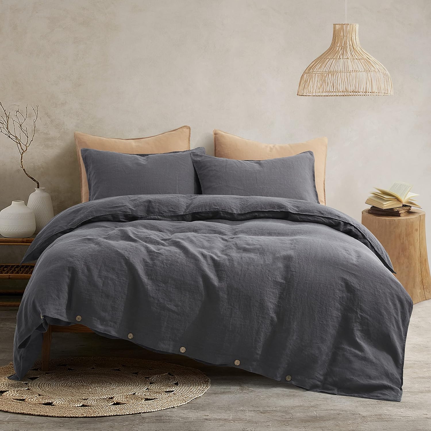 ATLINIA Bedding Duvet Cover Set Linen - 100% French Flax Washed Bed Sets Farmhouse Comforter Cover Set (1 Duvet Cover and 2 Pillow Shams) Queen Size Dark Grey