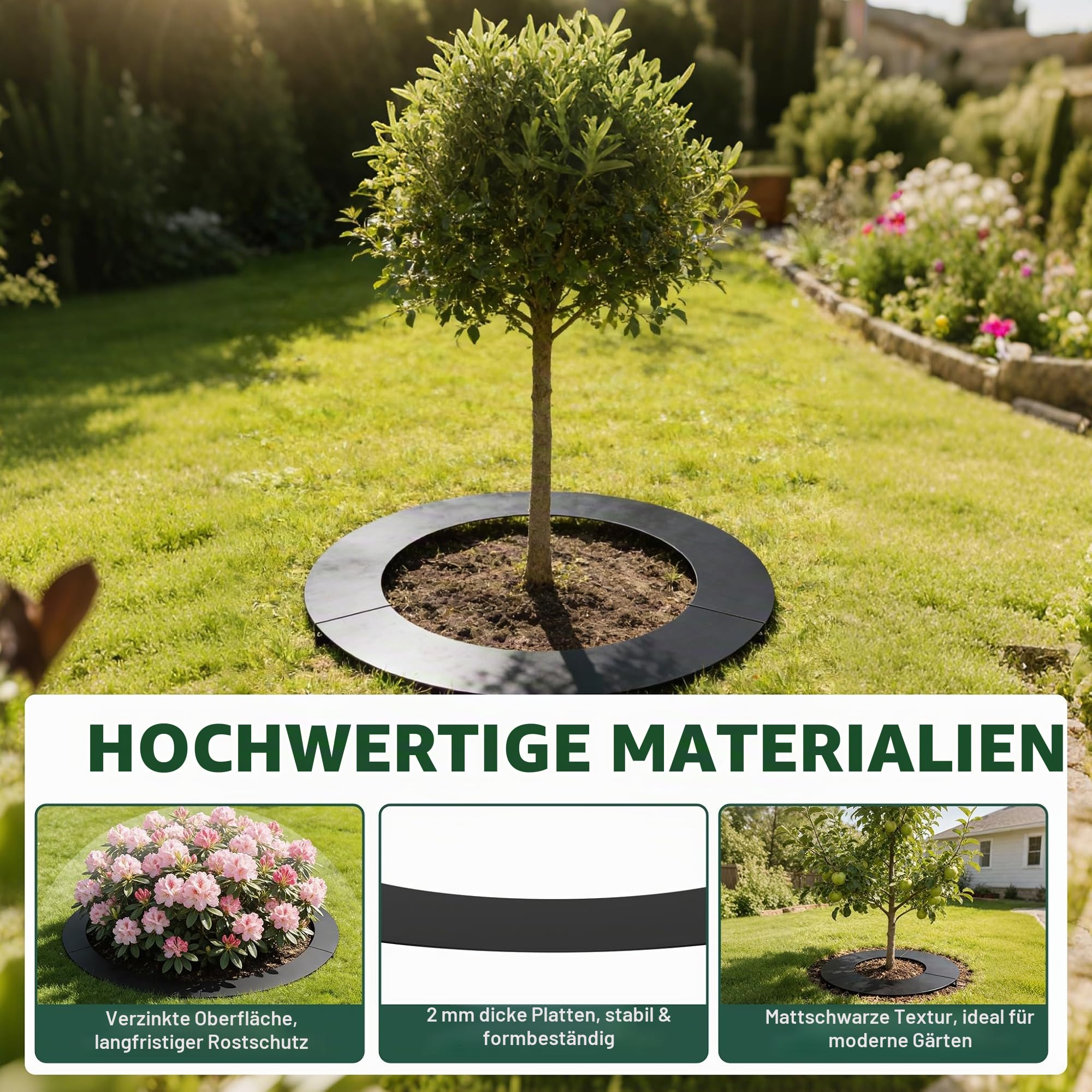 UISEBRT Flacher Baumring Rasenkante aus wetterfest verzinkt Metall,Mähroboter Mähkante für Bäume und Sträucher,Garten, Wurzelschutz,Schwarz Ø 60/90 cm