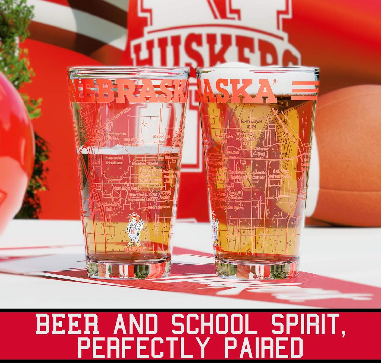 Greenline Goods – University of Nebraska Cornhuskers College Pint Beer Glasses (Set of 2), 16 oz – Full-Color Logo + Campus Map - Image 2