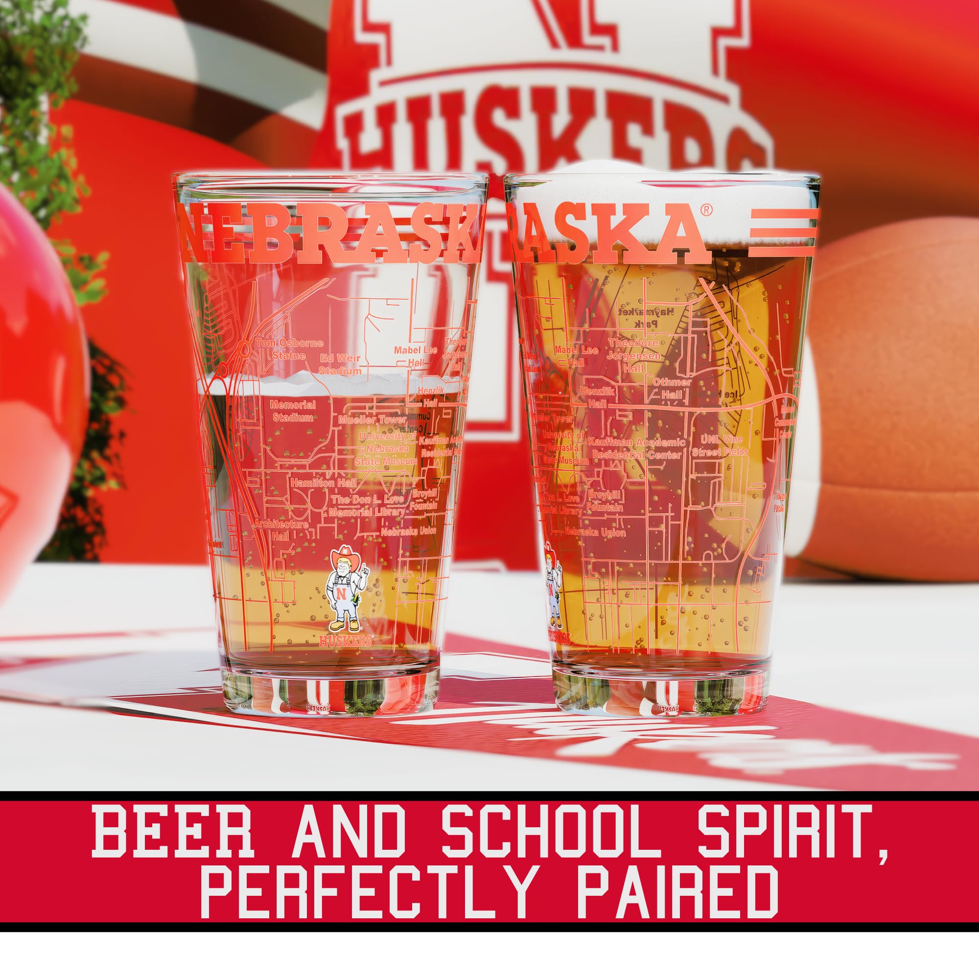 Greenline Goods University of Nebraska Pint-Gläser, 2 Stück, enthält farbiges Nebraska Huskers-Logo und Campus-Karte, Huskers Geschenkidee für College-Absolventen und Alumni, College-Glaswaren