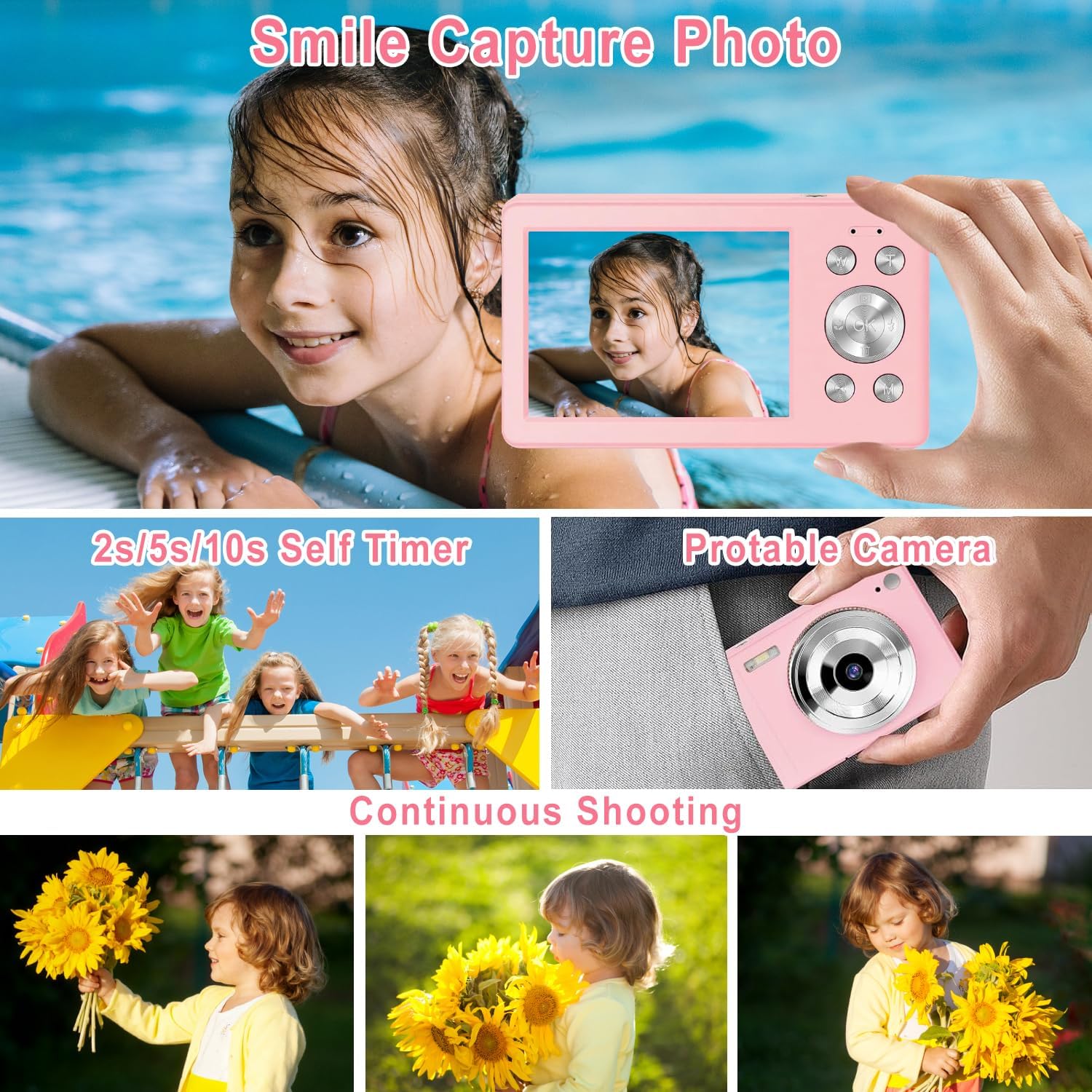 Digital Camera for Kids, Teens & Beginners - 56MP 1080P FHD, 16X Digital Zoom, 2.8" LCD, 32GB TF Card & 2 Batteries, Compact Point-and-Shoot, Portable Starter Camera - Pink