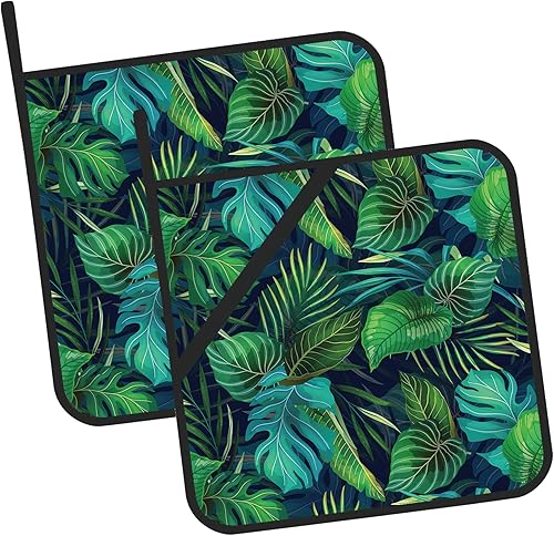 Juego de 2 soportes para ollas de hojas tropicales verdes, resistentes al calor, para microondas, hornear, horno, platos finales y barbacoa