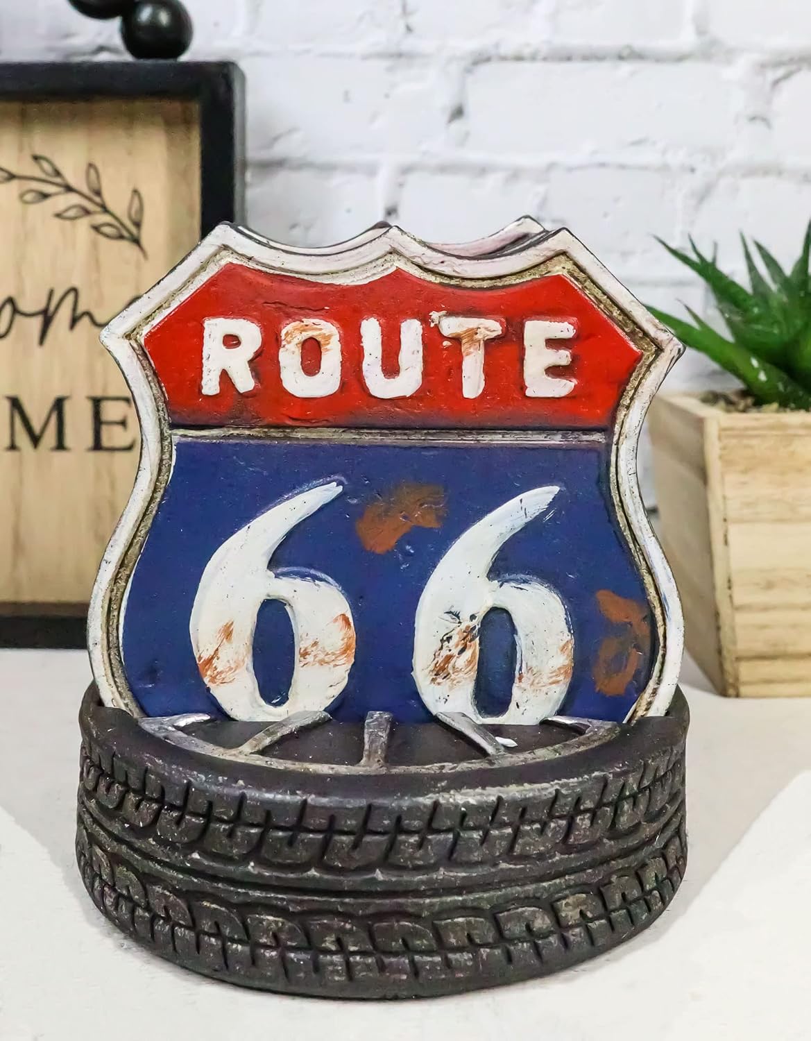 Ebros Gift Vintage Classic Road Trip Iconic Route 66 Sign Plate Coasters with Truck Tire Wheel Holder Base Figurine Set 4" Long Kitchen Table Bar Countertop Furniture Surface Protector Accent