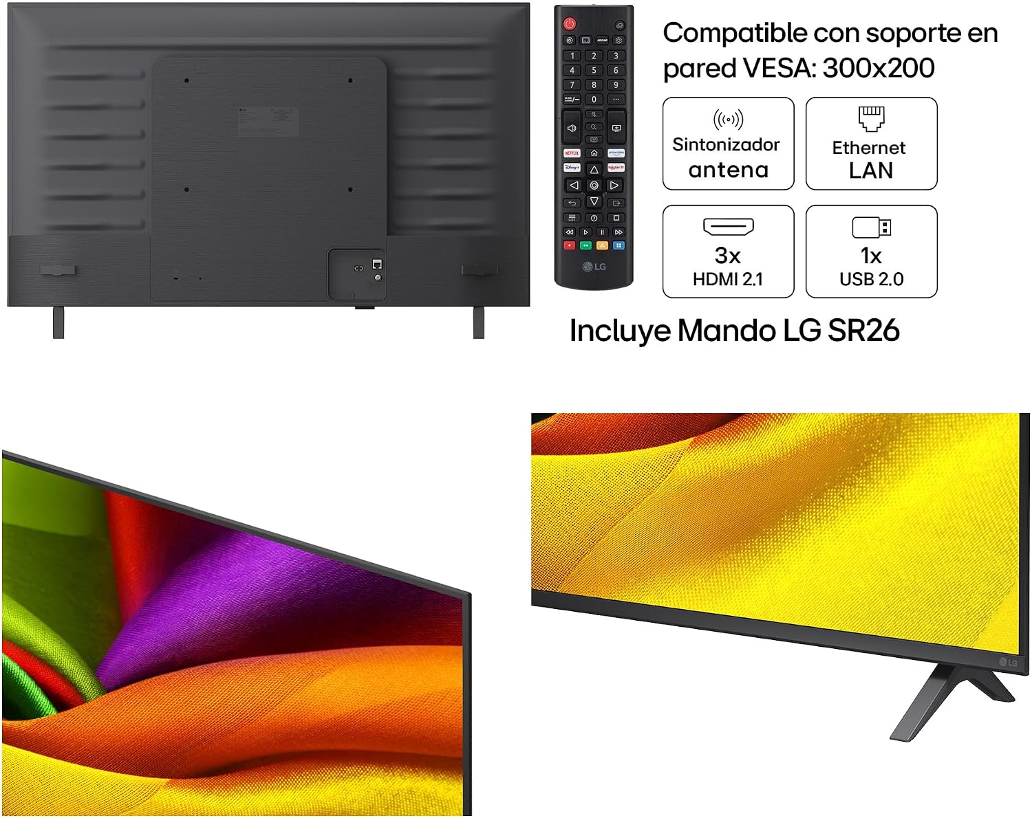 אֲחוֹרִי view of LG 43NU850B6LA TV showing ports and remote control