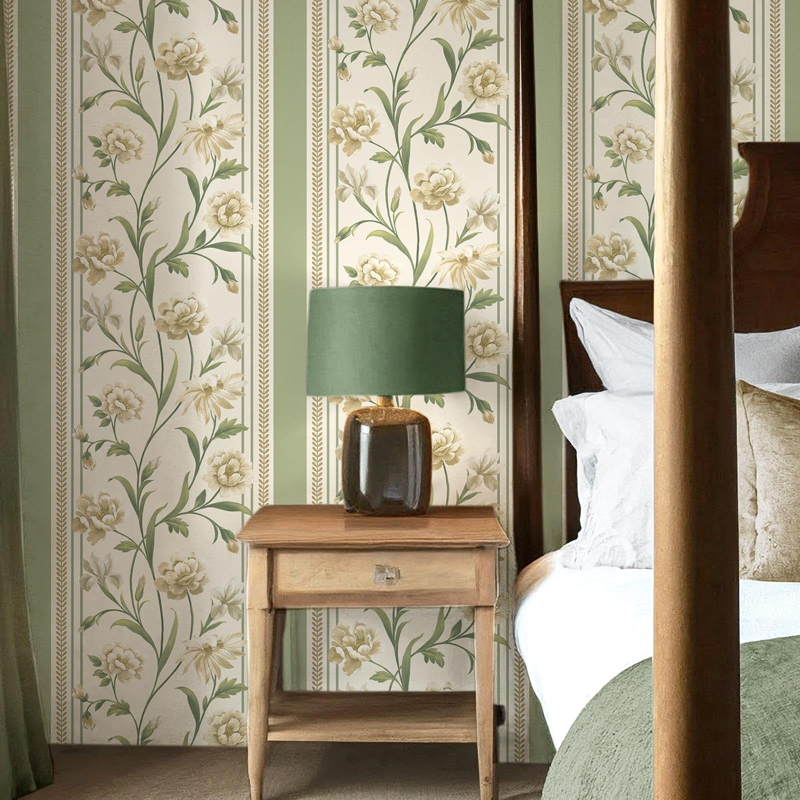 SOPHIE LAURENCE Sage Cream Floral Wallpaper Panel Effect Smooth Flat Finish Feature Wall Design Luxury Modern Botanical Pattern for Bedroom, Lounge, or Living Room 10M x 0.53M