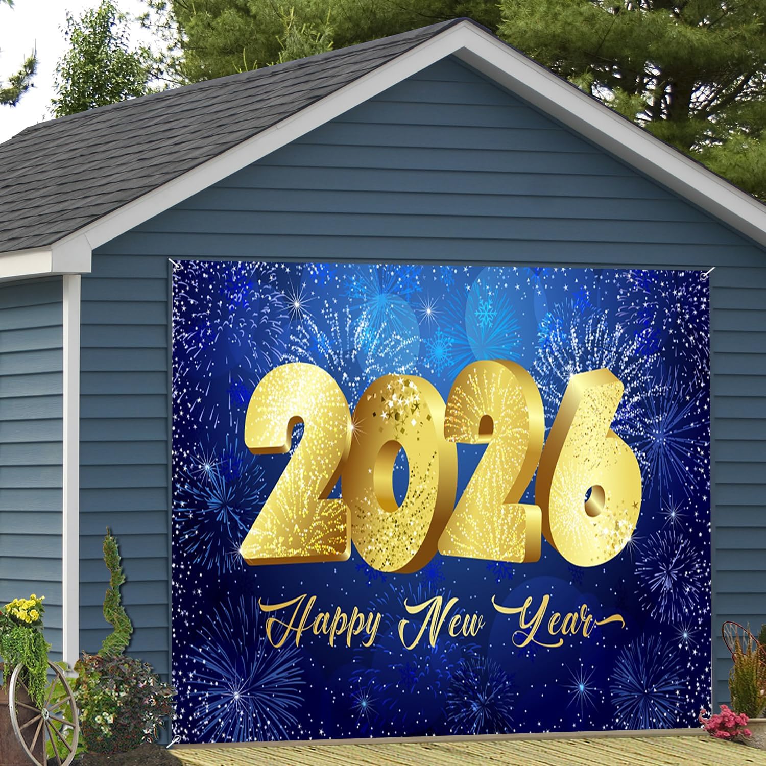 7x8ft New Year 2026 Garage Door Decor Golden Numbers Fireworks Champagne Background Garage Door Cover for New Year Eve Christmas Celebrating Party Banner Family Portraits Photo Props