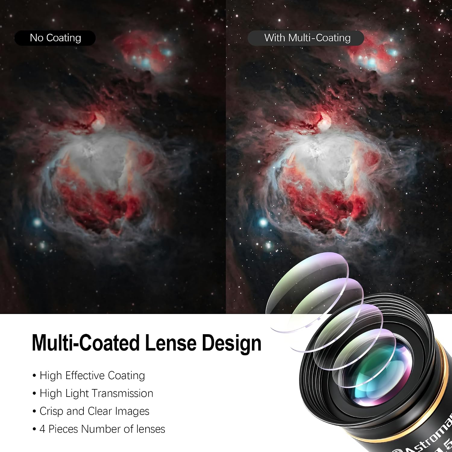 Astromania Telescope Eyepiece 1.25 inch HD Fully Multi Coated Telescope Accessory, 66 Degree Ultra Wide Angle Eyepiece for Astronomy Telescope, Long Eye Relief HD 15mm Wide Angle Telescope Eyepiece
