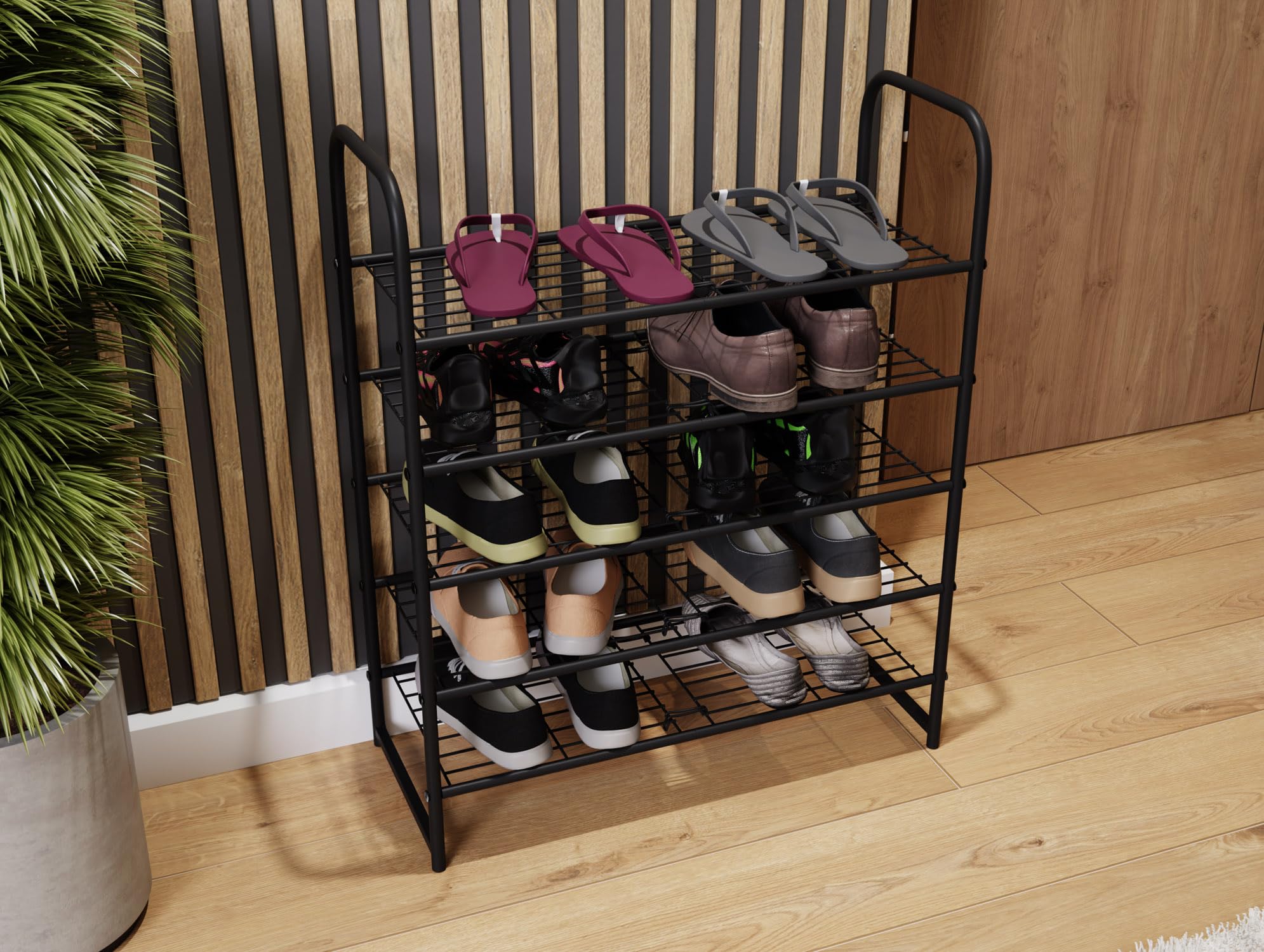 Schuhregal Mit 5 Ebenen Für 12–15 Paar – Schmal, Stabil, Mit Haken Für Eingang & Schrank (schwarz)