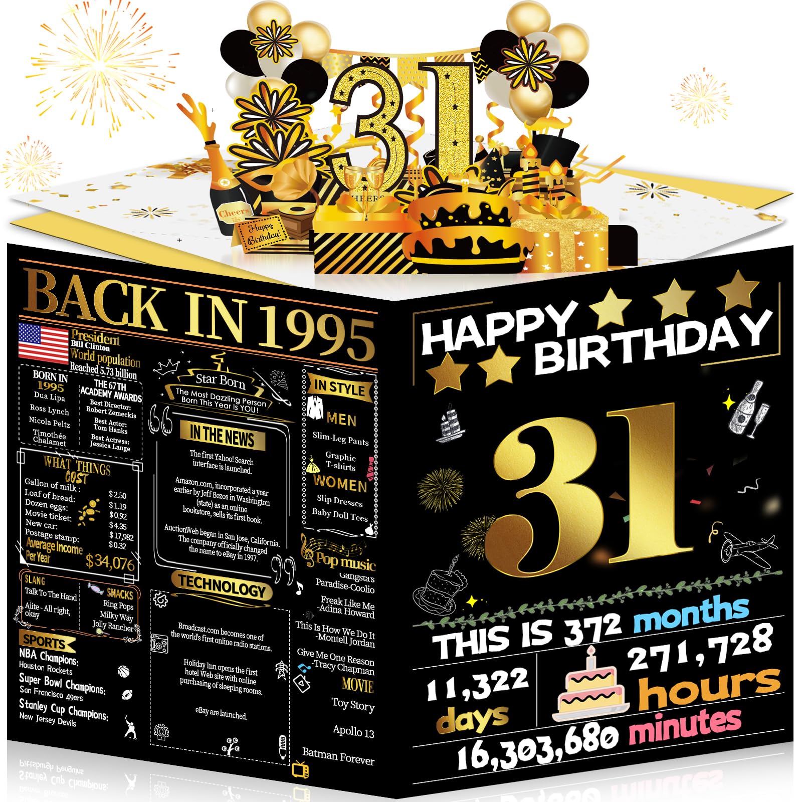 Joycard 31st Birthday Card for Women Men, 3D Pop Up Happy Birthday Gift for Her Him, Funny 31 year old Birthday Decorations for Daughter Son, Back in 1995 Laser Gold Retro Theme