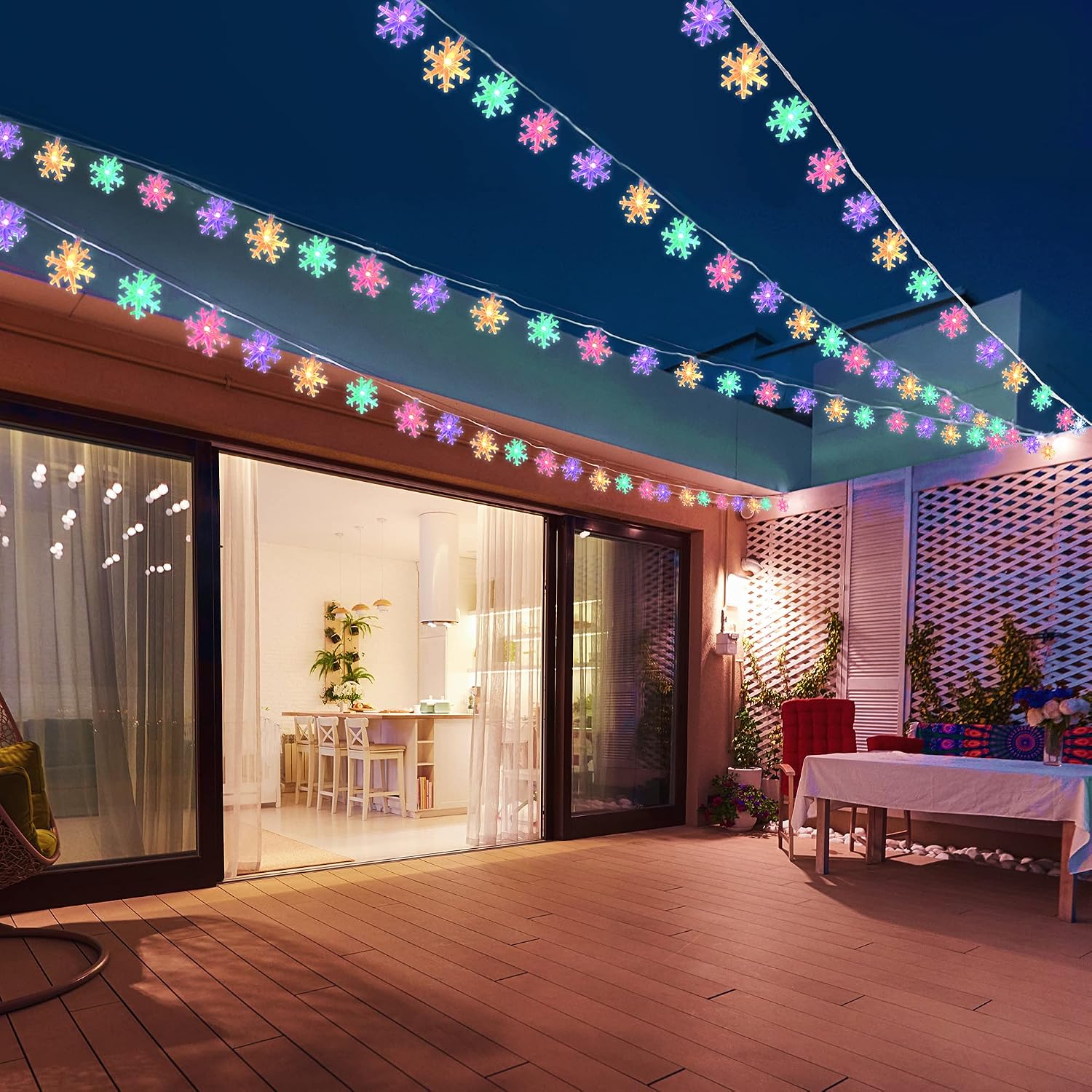 SUNYPLAY Snowflake String Lights, 49.2ft 100LED Snowflake Christmas Lights with 8 Modes Waterproof Plug in Fairy Lights for Christmas Garden Patio Bedroom Party Decor (Multicolor)