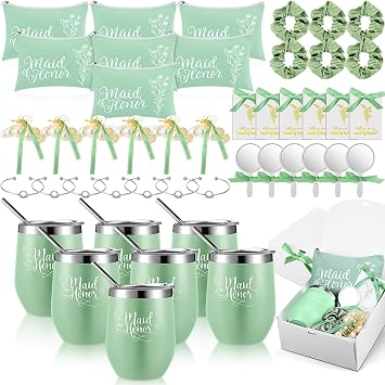 48 Pcs Bridesmaid Proposal Gifts Maid of Honor Proposal Gift Include Box Tumblers Makeup Bag Scrunchie Hair Clip Bracelet Card Mirror for Bridal Shower Bachelorette PartyGreen