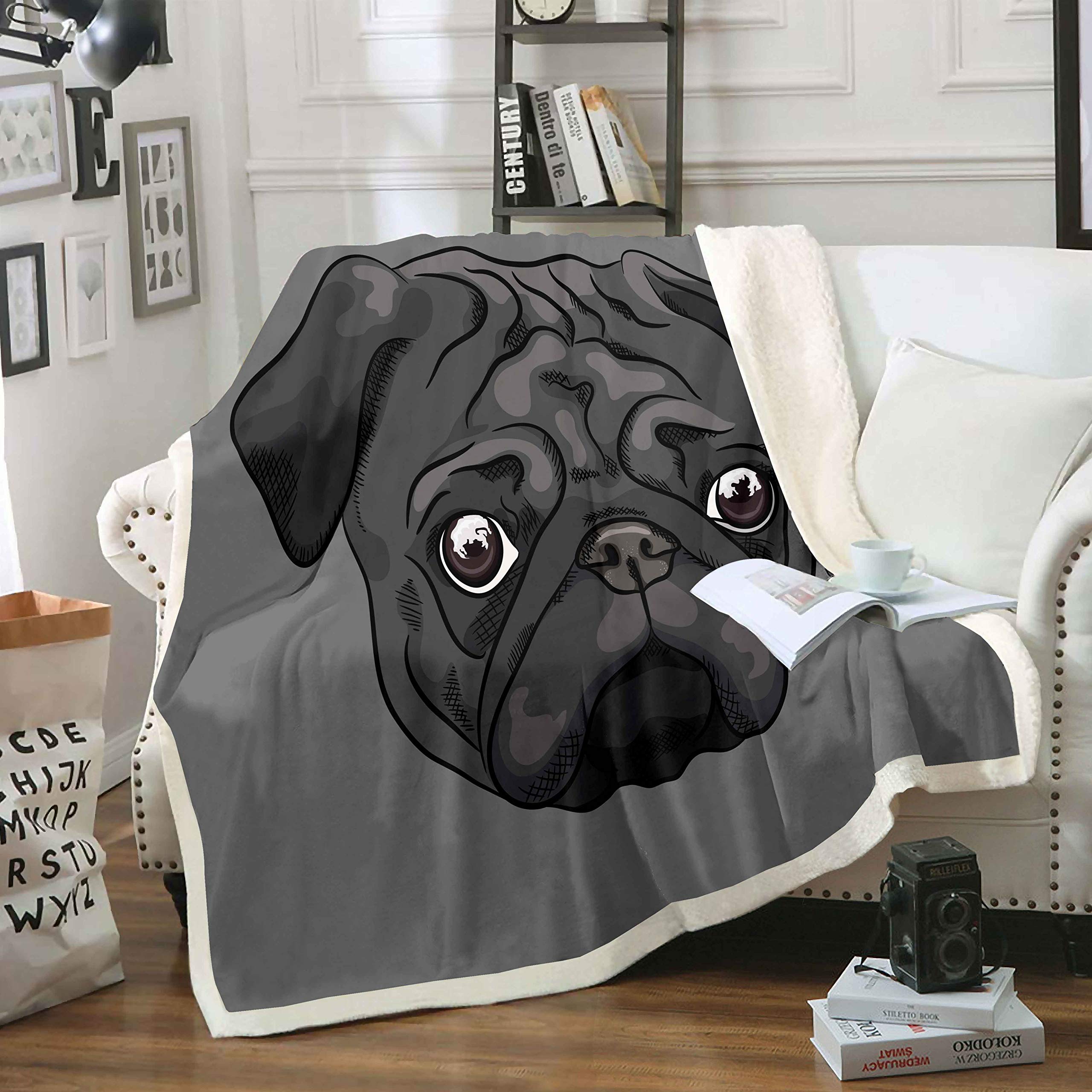 Loussiesd Puppy Dog Sherpa Blanket Kids Boys Teens 3D Pug Dog Print Fleece Blankets Cute Animal Pattern Throw Blanket Dog Lover'S Gift Plush Blankets,Room Decor Fuzzy Blanket Baby 30"x40",Black