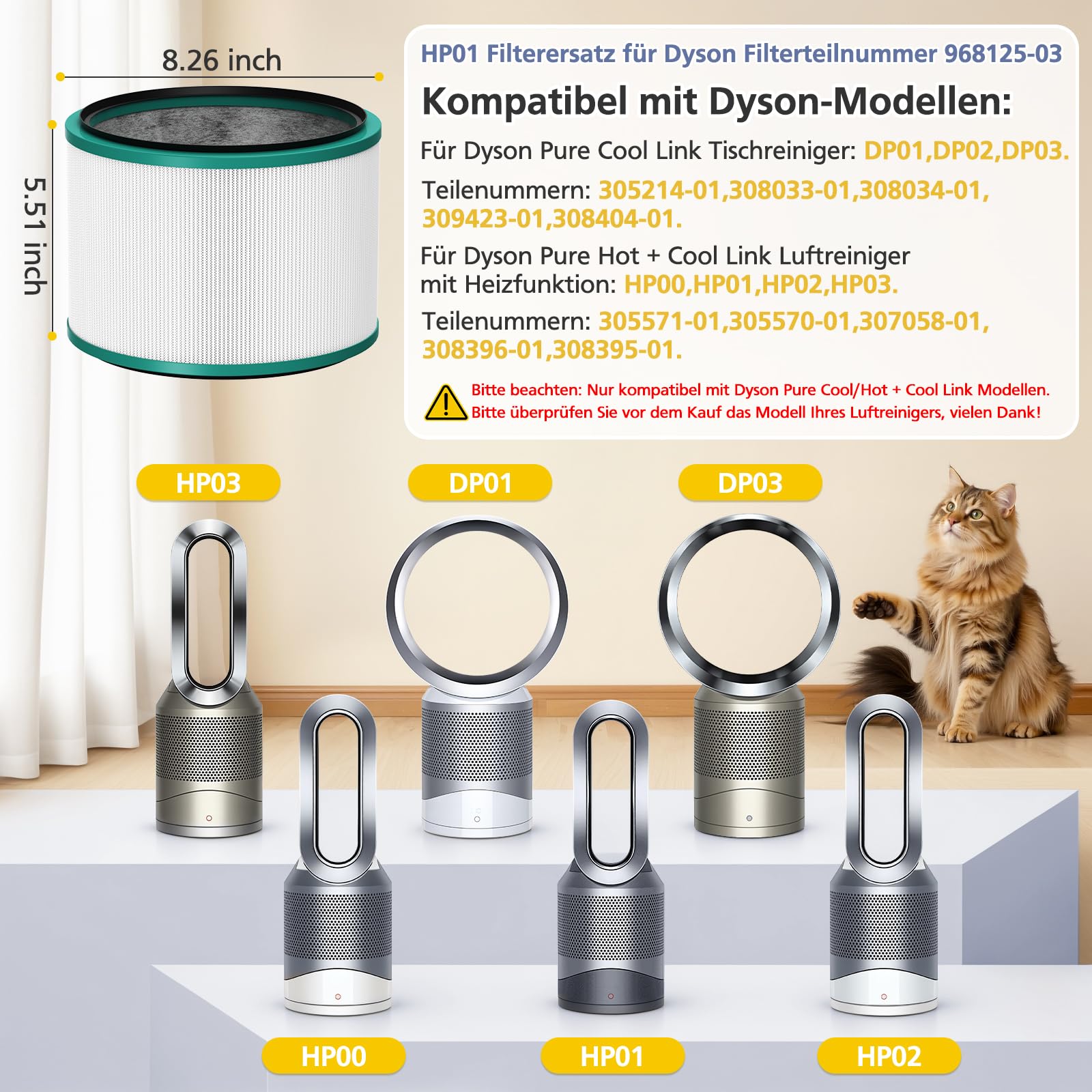 Filter für Dyson Luftreiniger HP00, HP01, HP02, HP03, Ersatzfilter für Dyson Luftreiniger DP01, DP02, DP03