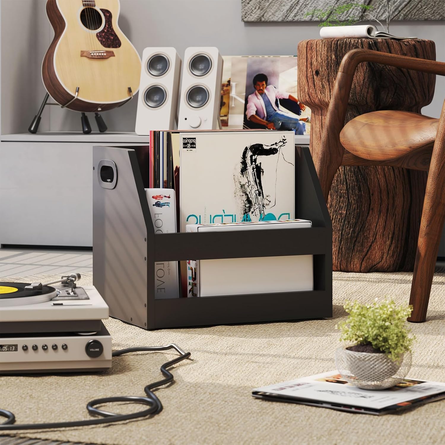 YMYNY Record Storage Holder, Vinyl Album Box Crate with Handle, Book Shelf Desktop Organizer Trapezoidal LP Record for Folders, Books, Photo Albums, Black,14.96*11.42*11.42" UHCD001B