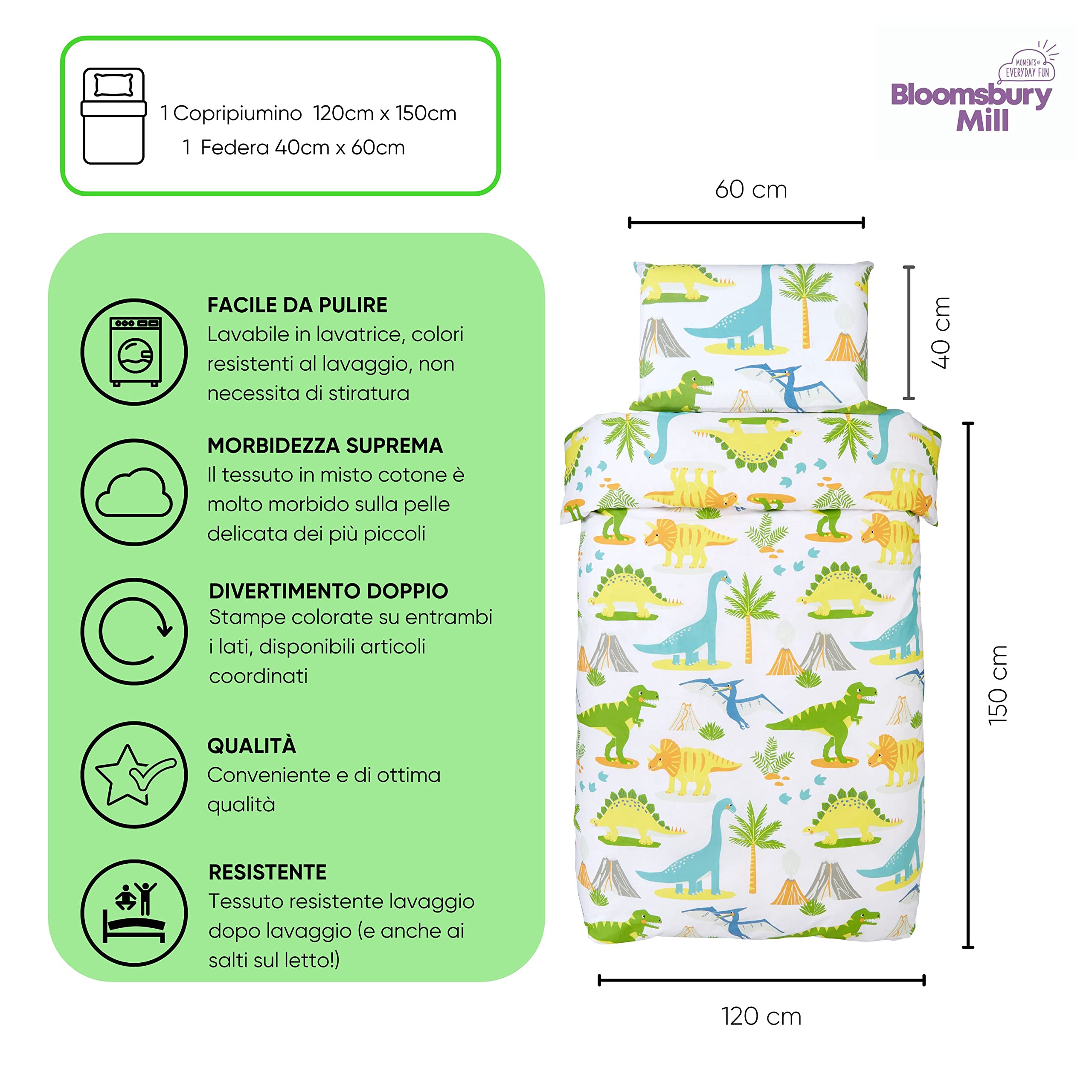 Bloomsbury Mill - Set biancheria da letto per bambini - Dinosauri World – Set Copripiumino Jurassic Dino Lettino e federa per Ragazzi e Ragazee - Lenzuola Culle per junior e bambino - 120 x 150 cm
