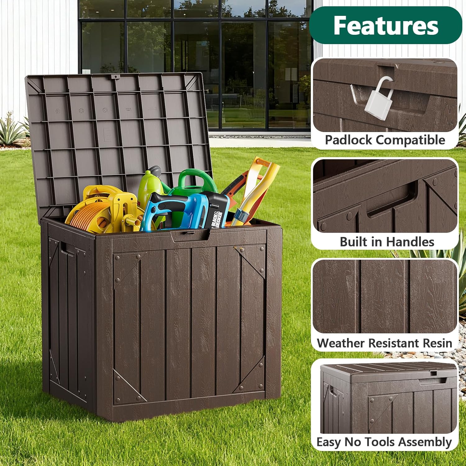30 Gallon Outdoor Storage Box, Lockable Resin Deck Box for Patio Cushions, Throw Pillows, Garden Tools, Weatherproof Outdoor Storage Bench for Yard, Porch, or Balcony