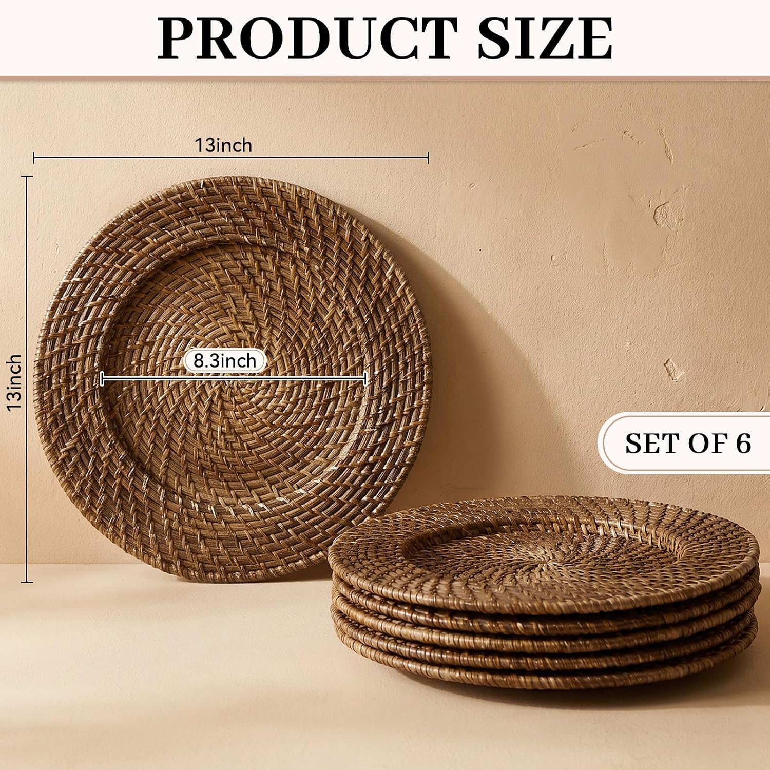6 Pack 13" Rattan Charger Plate, Brick Brown, Classic
