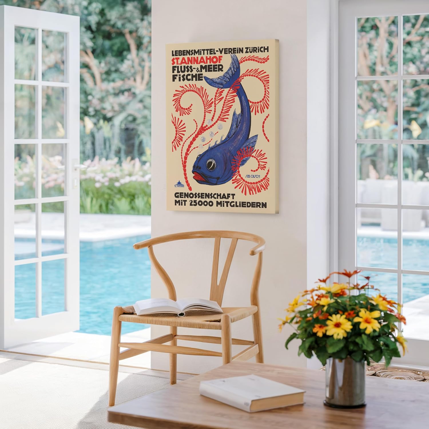 Poster Master Food Association Zurich Canvas - Retro Blue Fish Print - Fish Art - Ideal Gift for Men, Women - Great Wall Decor for Dining Room, Kitchen, Restaurant - 8x10 STRETCHED Canvas