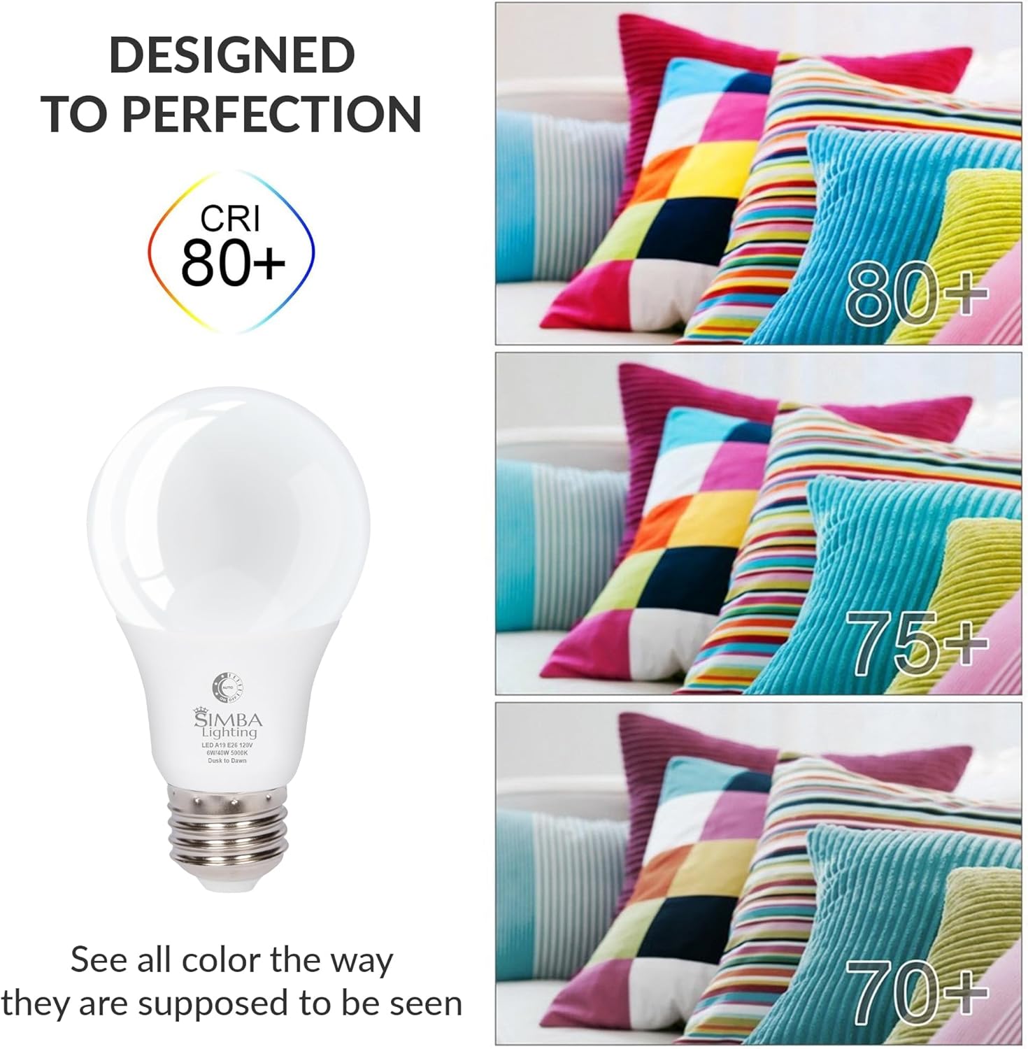 Simba Lighting LED Outdoor Light Bulbs with Photocell Sensor Dusk to Dawn Smart Auto On and Off (2 Pack) A19 6W 40W Replacement for Porch, Night Light, Garage Door, E26 Medium Base, 5000K Daylight