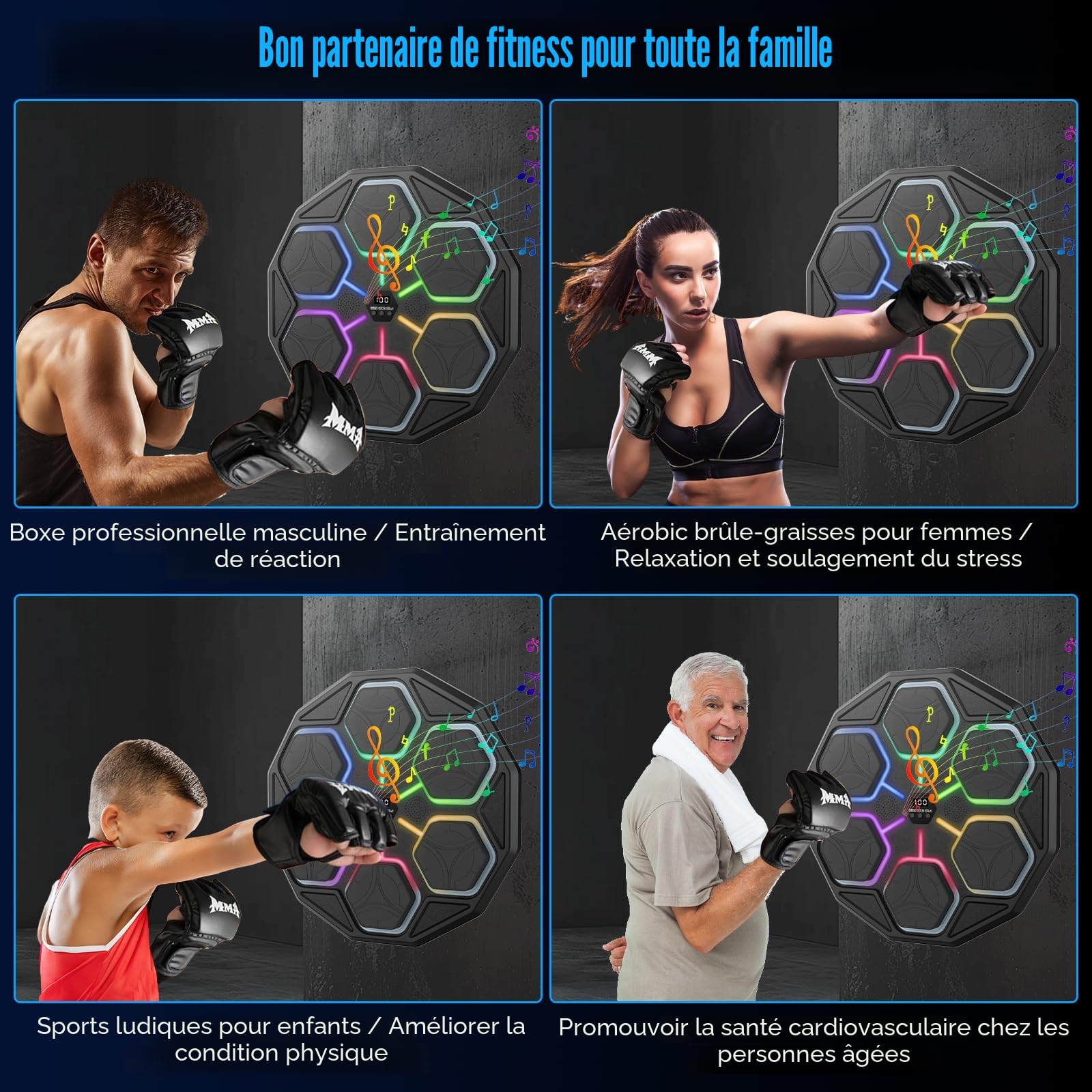 Music Boxing Machine de boxe électronique avec musique, Bluetooth, 11 vitesses, 3 modes d'entraînement, mode comptage, cadeau pour adultes et enfants