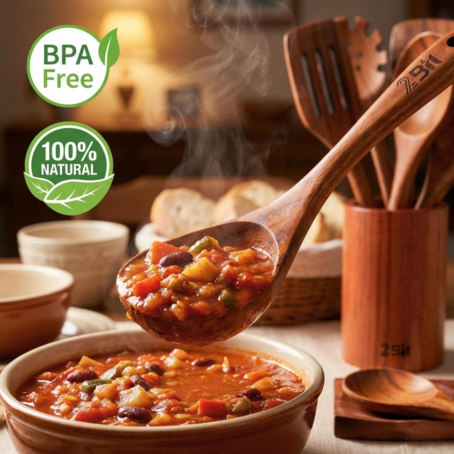 2Bitglobal Teak Wood Kitchen Utensil Set (9 Piece) – Wooden Spoons for Cooking & Spatula Set with Holder, Spoon Rest & Hooks – Premium Teak Wooden Cooking Utensils - Image 2