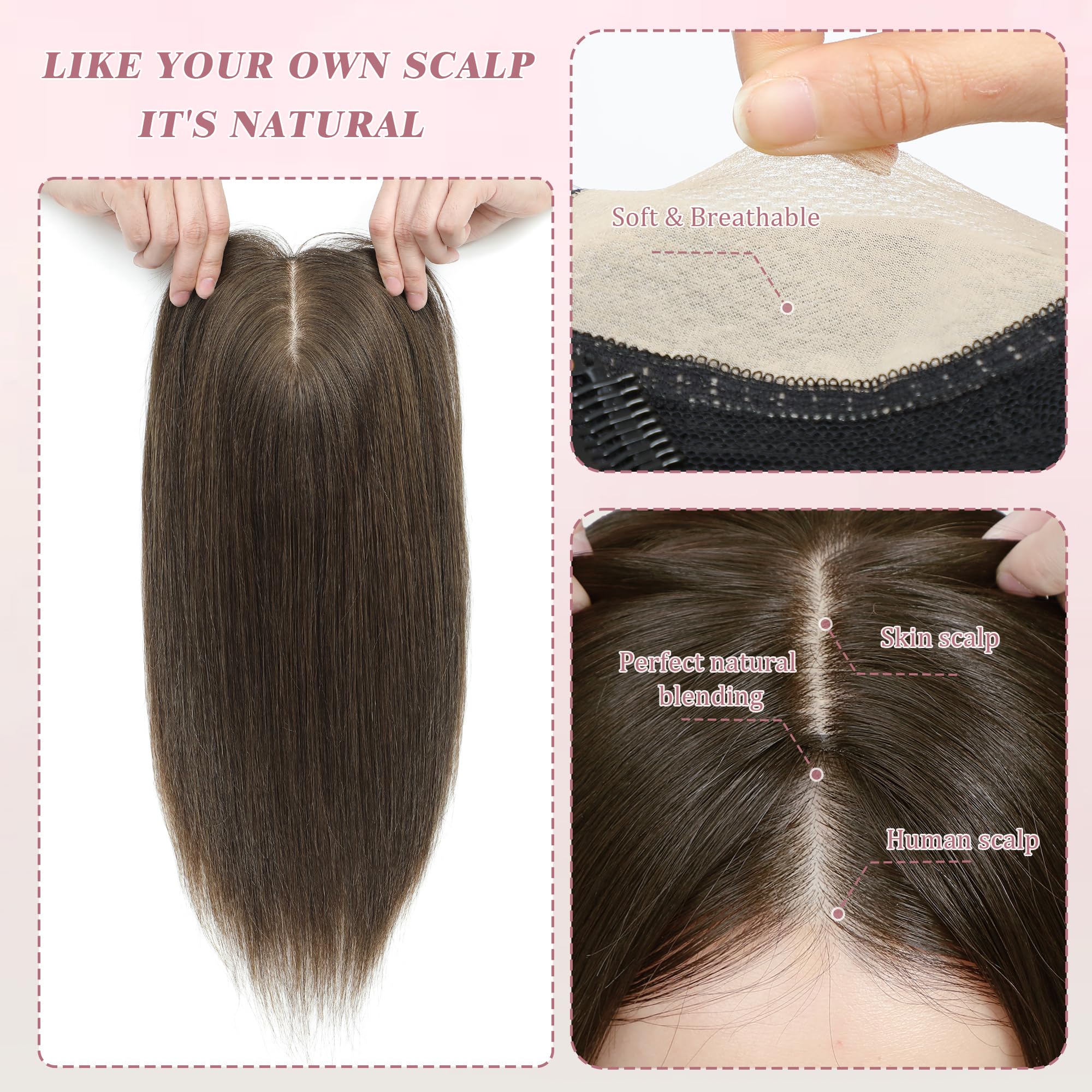 Hair Toppers for Thinning Hair Women Real Hairs 16Inch Hairs Topper 7 * 7 inch Skin Scalp Big Base Cover ,Hairs Pieces Wiglets Cover Large/scalp reality - Image 2