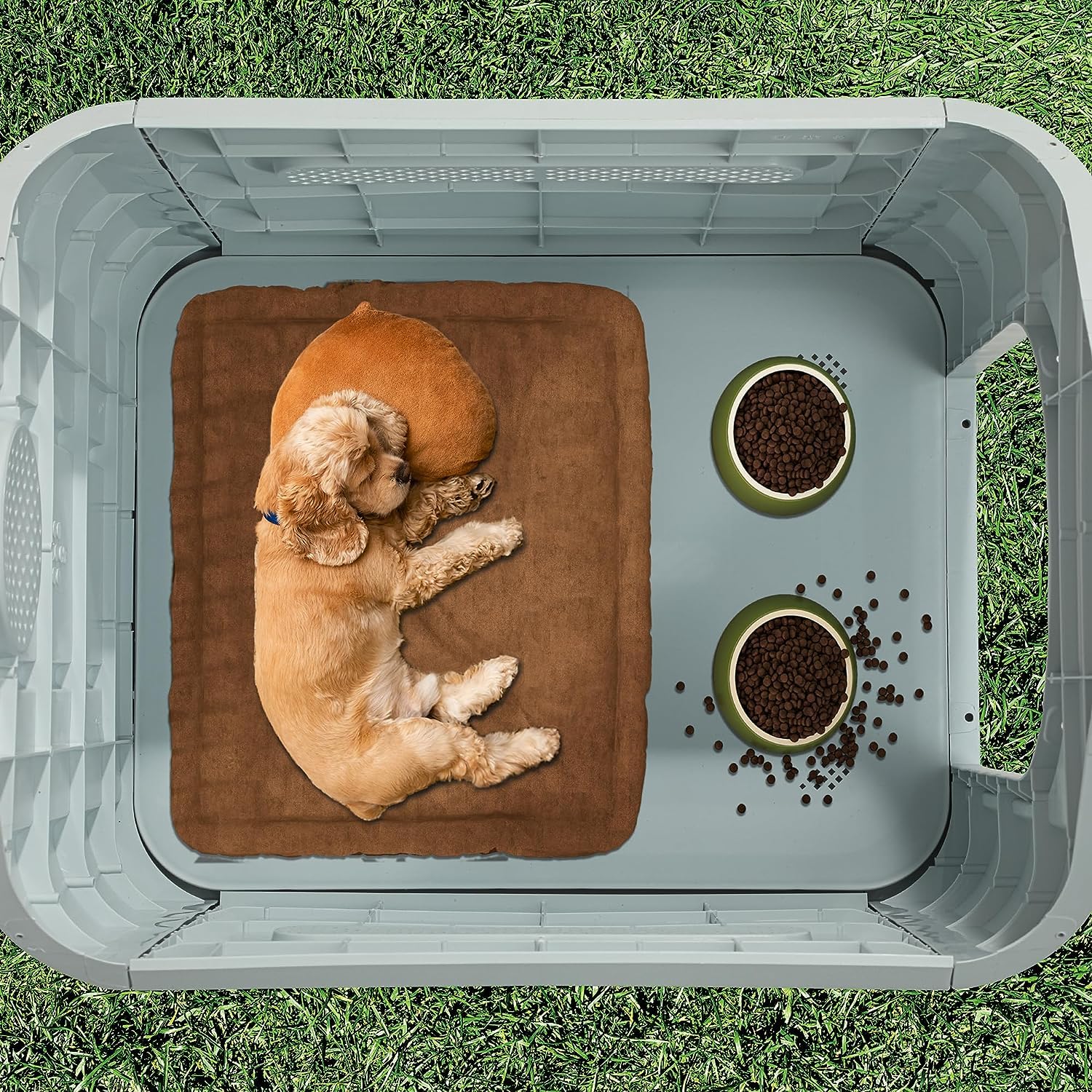 Lanco - Caseta para Perros Pequeños. Uso Interior y Exterior con respiraderos. Material Resistente. 75x59x66cm. Azul y Blanco.